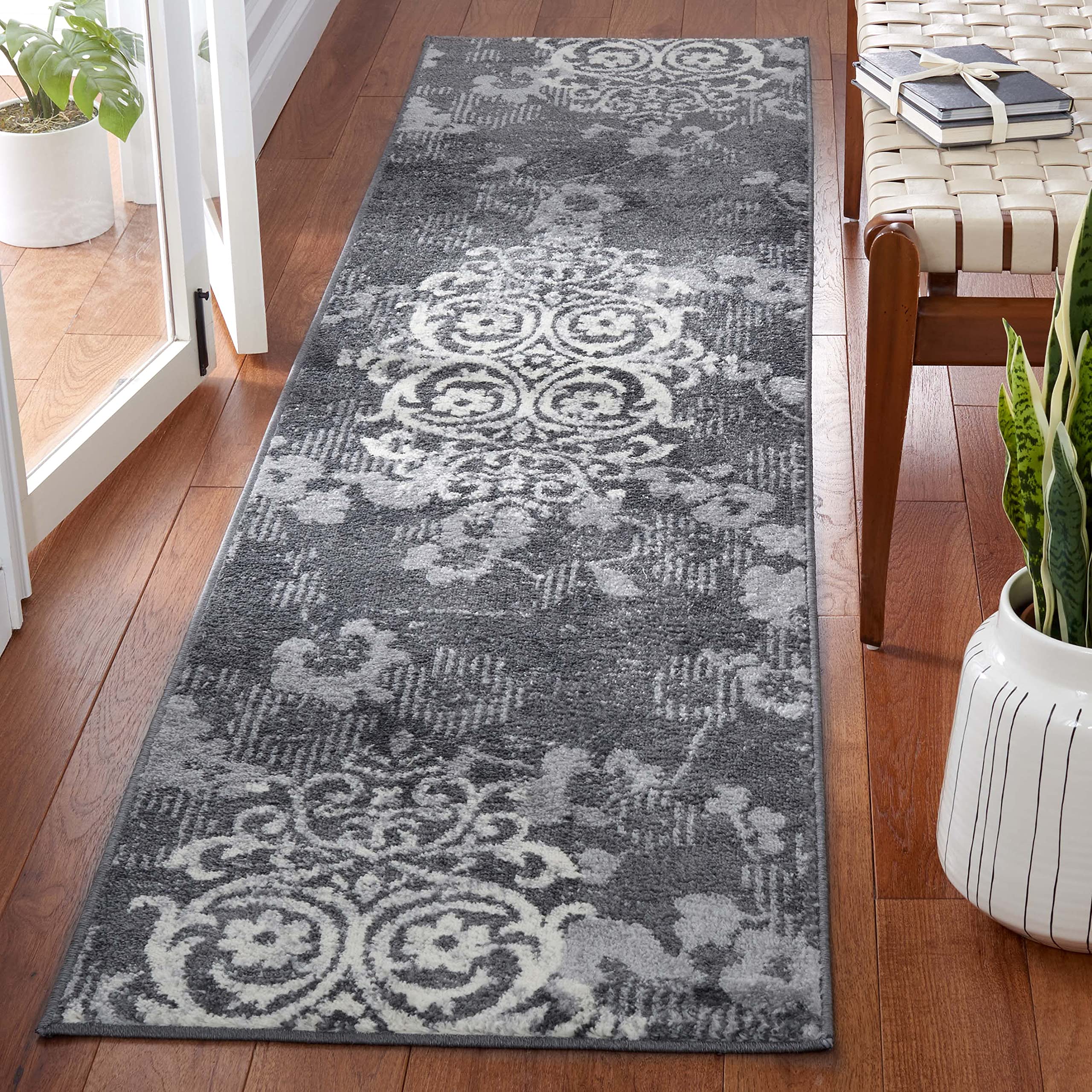 SAFAVIEH Adirondack Collection Runner Rug - 22 x 9, Charcoal & Ivory, Floral Glam Damask Distressed Design, Non-Shedding & Eas
