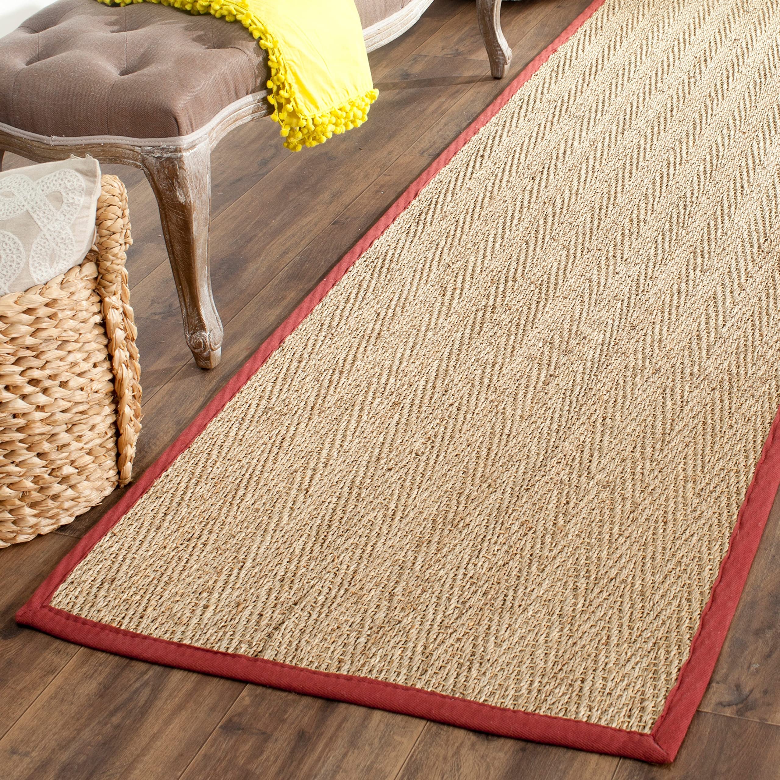 Safavieh Natural Fiber Collection Runner Rug - 26 x 6, Natural & Red, Border Herringbone Seagrass Design, Easy Care, Ideal for