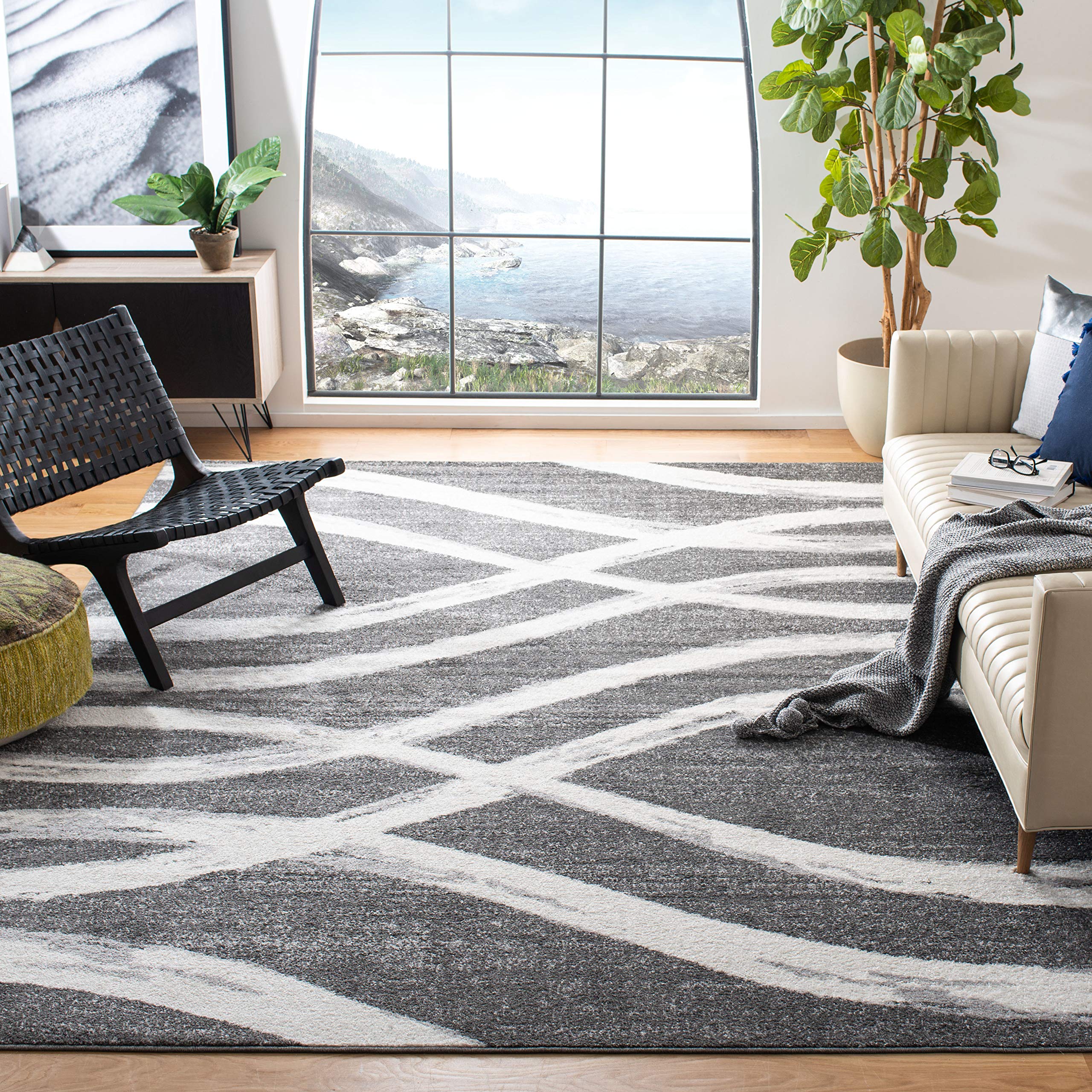 SAFAVIEH Adirondack Collection X-Large Area Rug - 12 x 18, Charcoal & Ivory, Modern Wave Distressed Design, Non-Shedding & Eas