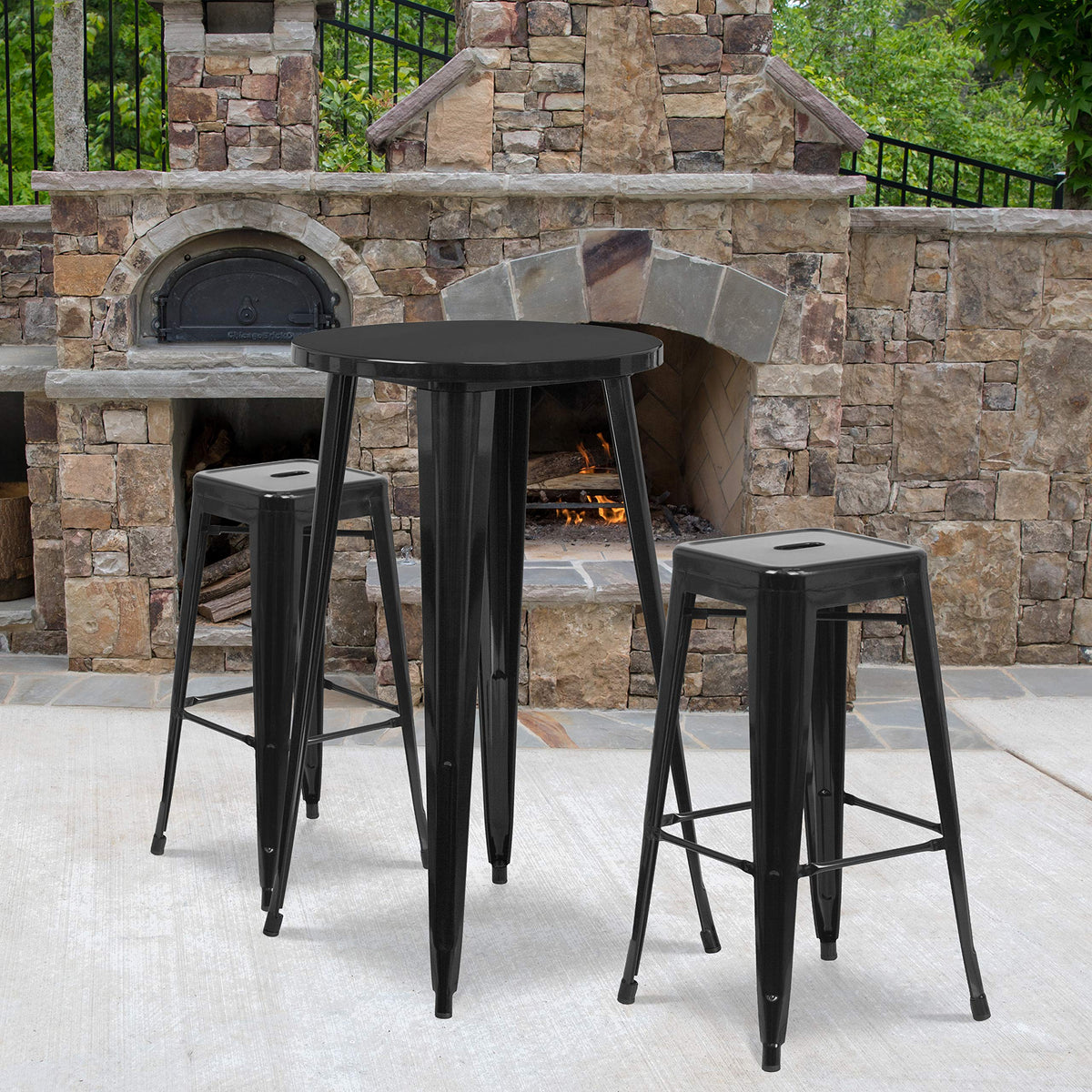 Flash Furniture Commercial Grade 24&quot; Round Black Metal Indoor-Outdoor Bar Table Set with 2 Square Seat Backless Stools