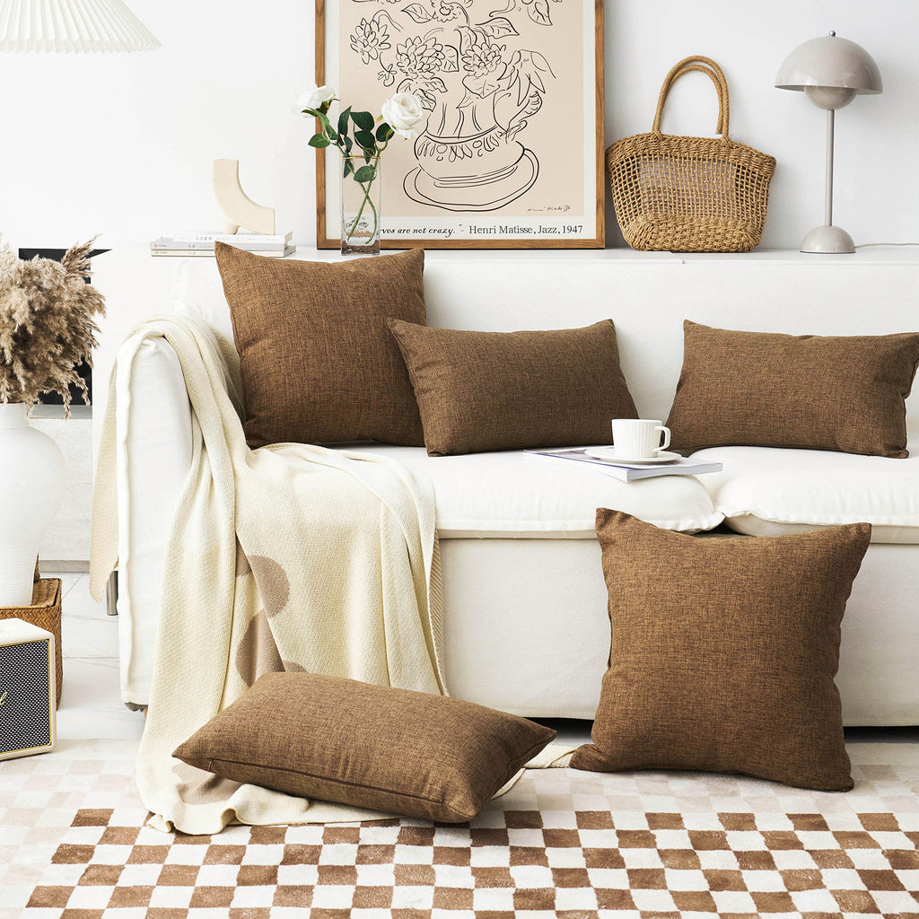 Home Brilliant Brown Pillow Covers Durable Textured Linen Oblong Throw Cushion Covers For Living Room, 12 X 20 Inch, 2 Pack