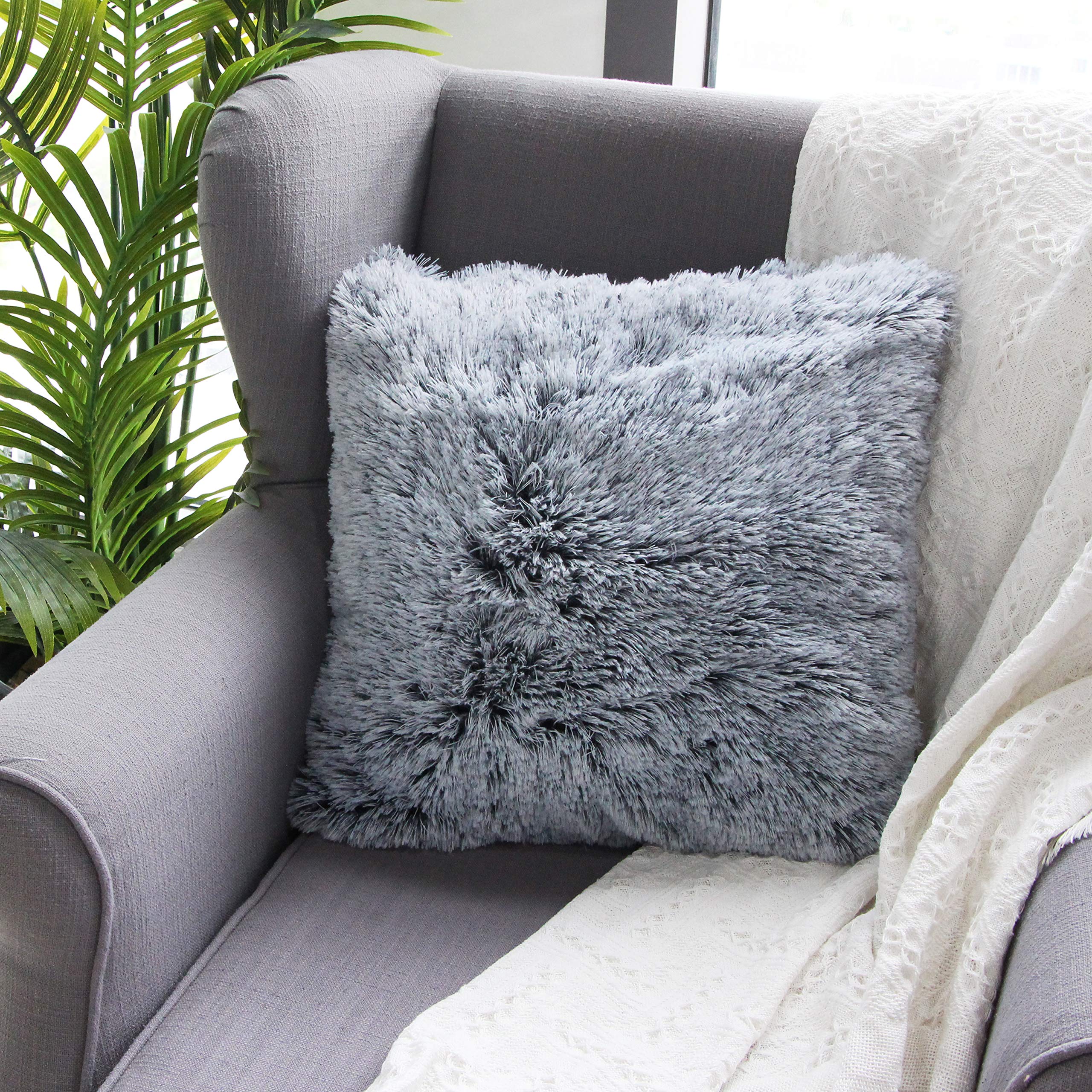 Uhomy Fall Winter Pillow Covers 22 'X22 ', Modern Decorative Luxury Soft Fluffy Style Furry Black Ombre Artificial Fur Throw P