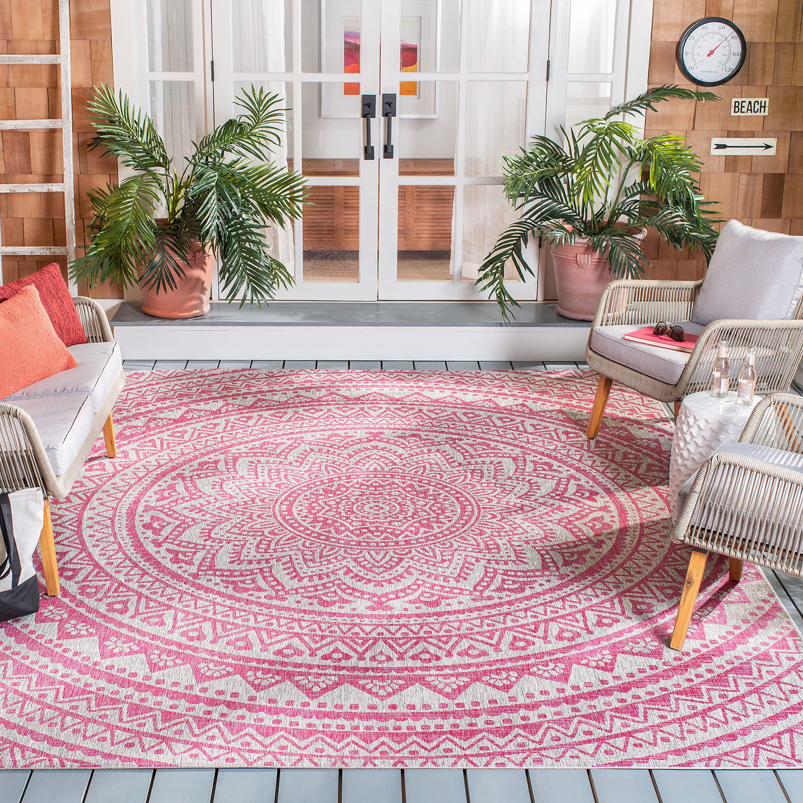 Safavieh Courtyard Collection 80.4' X 80.4' Light Grey/Fuchsia Cy8734 Indoor/ Outdoor Waterproof Easy Cleaning Patio Backyard Mudroom Area Rug