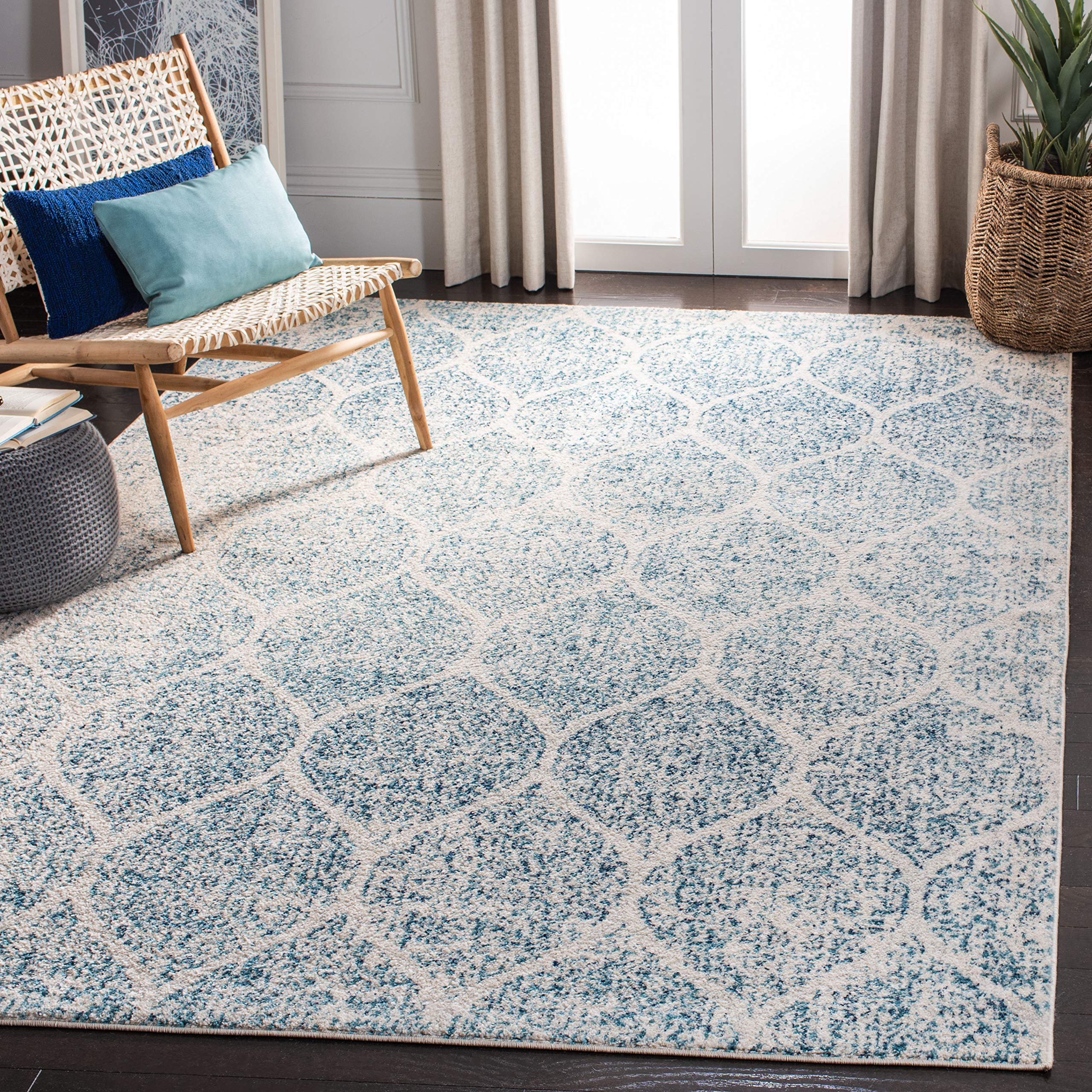 SAFAVIEH Madison Collection Area Rug - 67 x 92, Cream & Turquoise, Glam Ogee Trellis Distressed Design, Non-Shedding & Easy Ca
