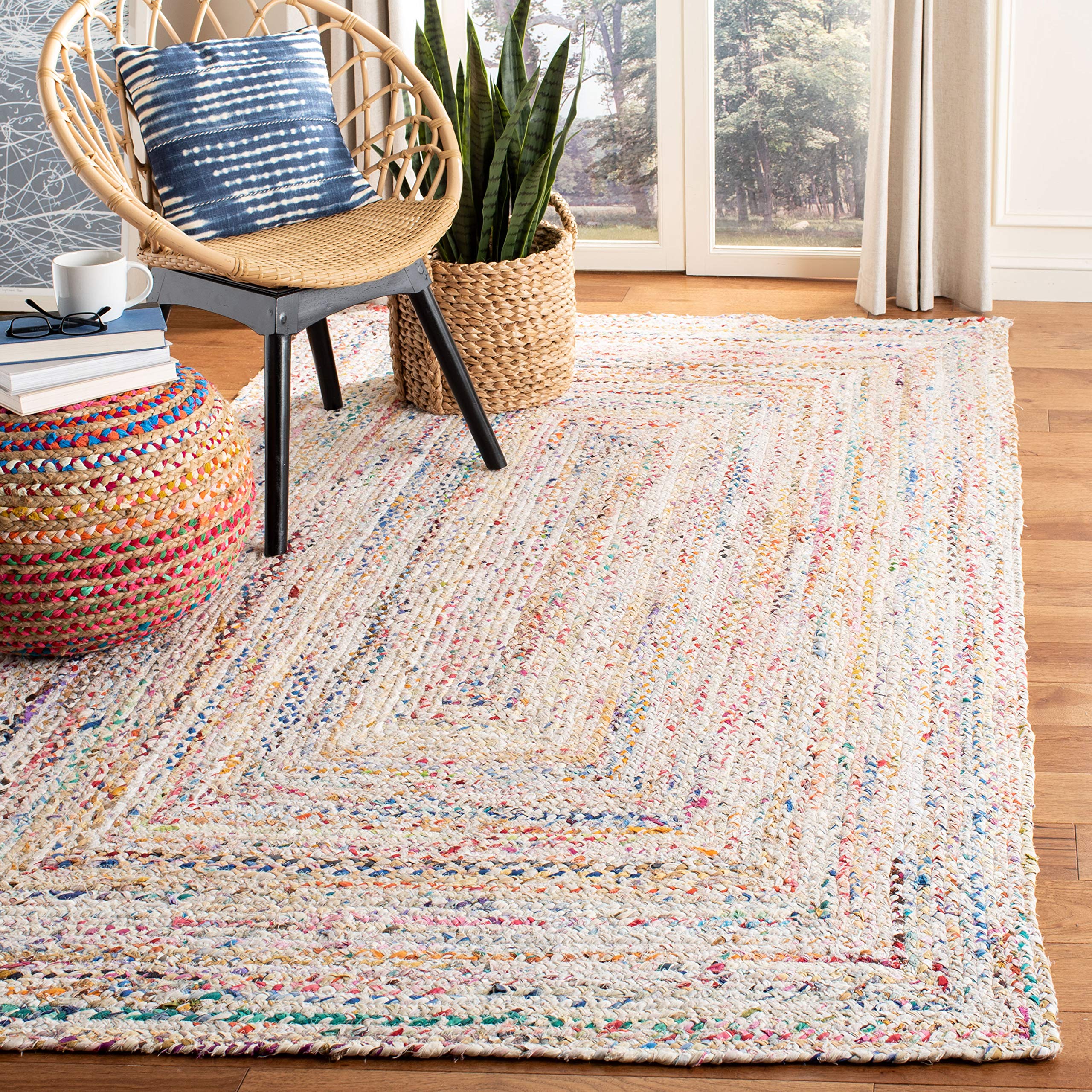 SAFAVIEH Braided Collection Area Rug - 9 x 12, Ivory & Multi, Handmade Boho Reversible Cotton, Ideal for High Traffic Areas in
