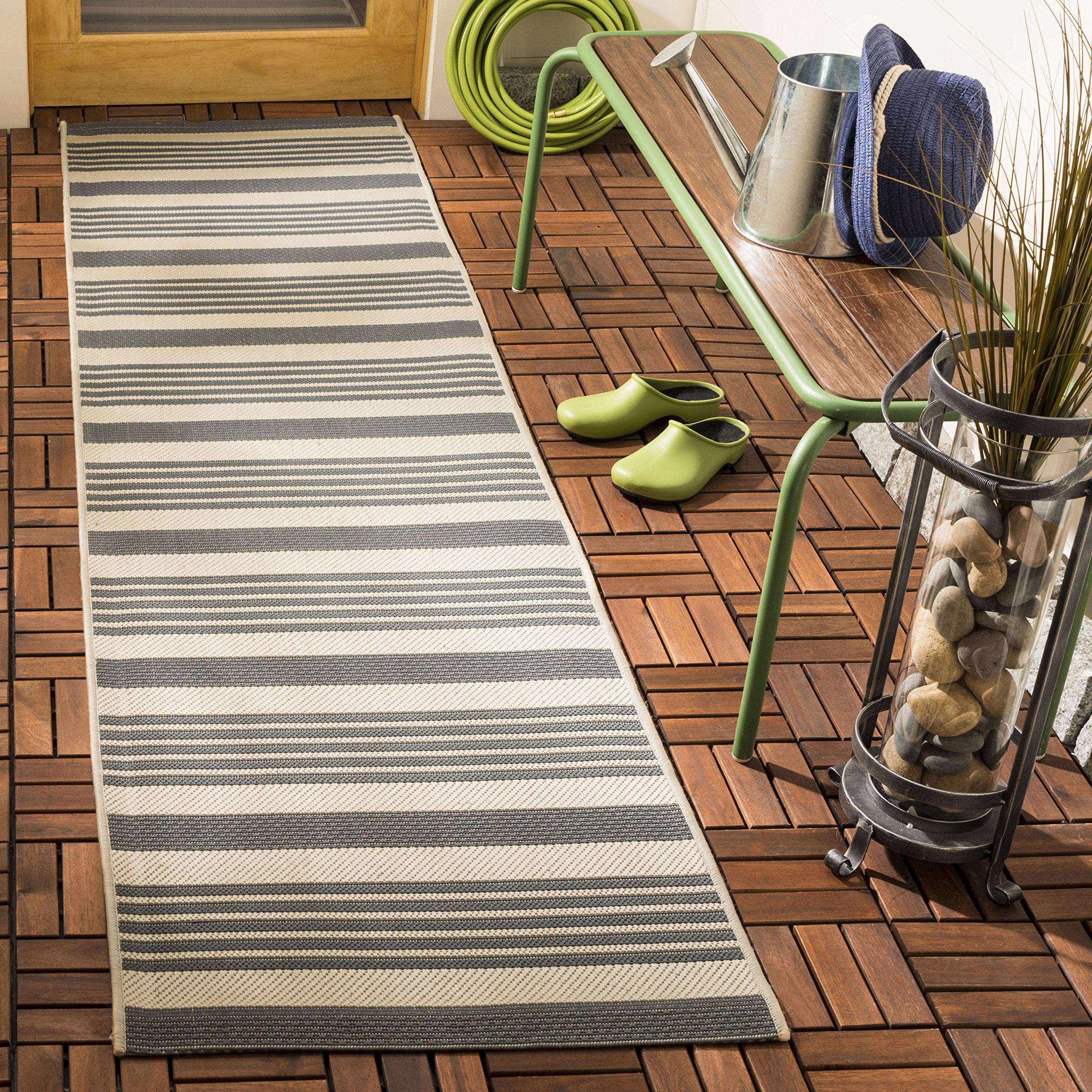 Safavieh Courtyard Collection Runner Rug - 2'3' X 14', Grey & Bone, Stripe Design, Non-Shedding & Easy Care, Indoor/Outdoor & Wa