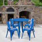 Flash Furniture Commercial Grade 30" Round Blue Metal Indoor-Outdoor Table Set with 4 Arm Chairs