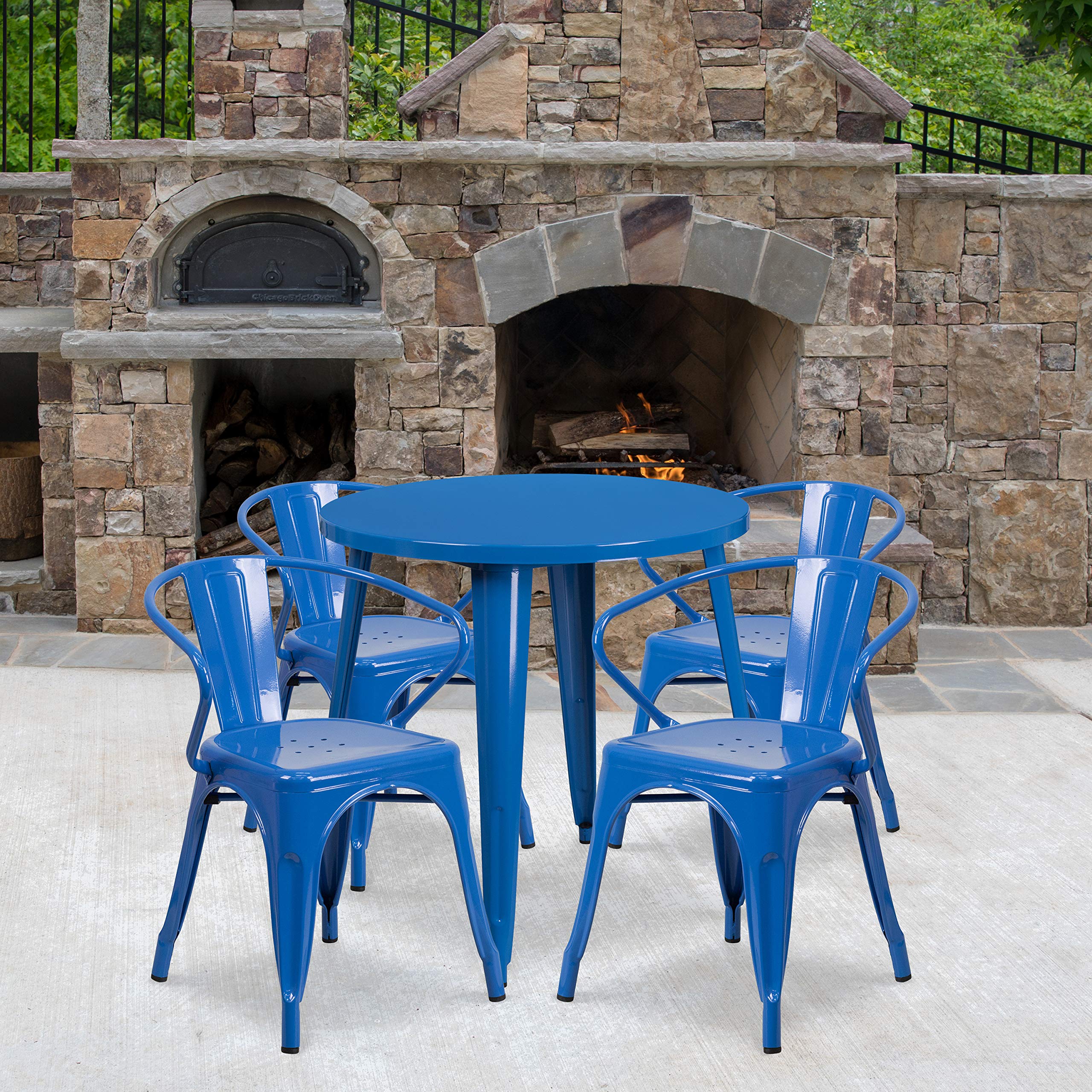 Flash Furniture Commercial Grade 30" Round Blue Metal Indoor-Outdoor Table Set with 4 Arm Chairs