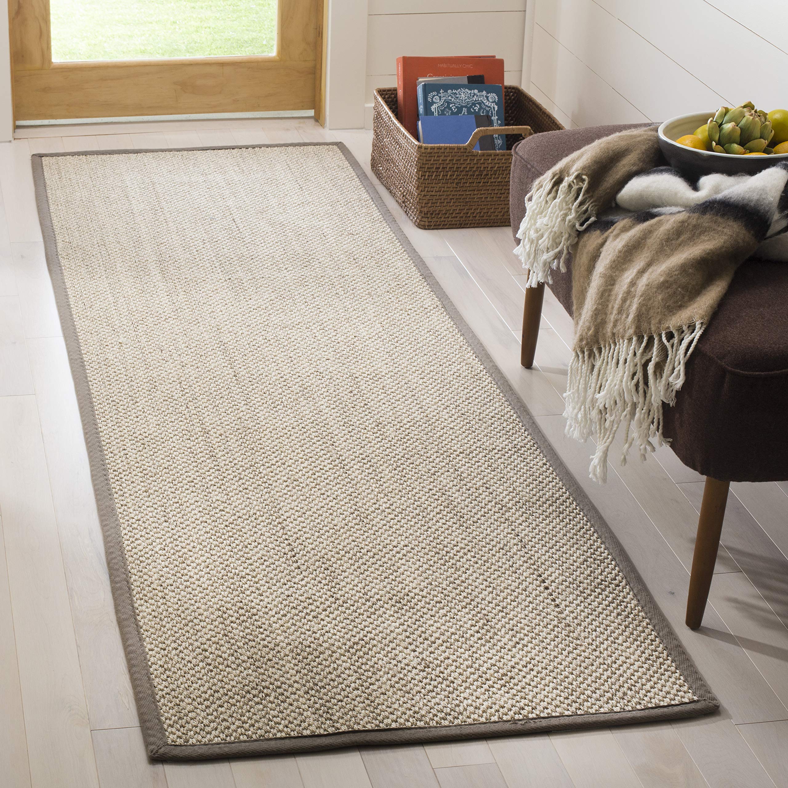 SAFAVIEH Natural Fiber Collection Runner Rug - 26 x 18, Marble & Khaki, Border Sisal Design, Easy Care, Ideal for High Traffic