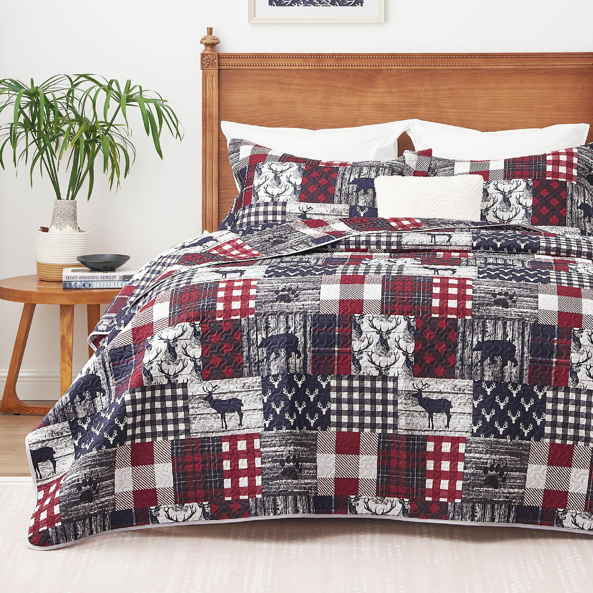 Ppolca Christmas Cabin Quilt Sets Queen, 3-Piece Lightweight Reversible All Season Deer Quilt Set, Lodge Bedspread Queen Size Qu