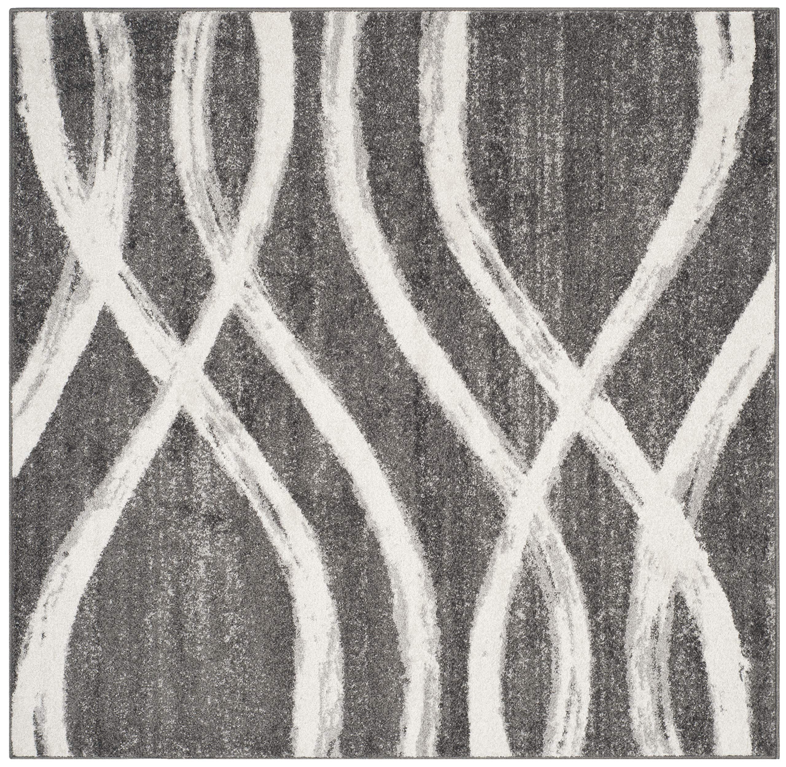 Safavieh Adirondack Collection 3' Square Charcoal/Ivory Adr125R Modern Abstract Wave Distressed Non-Shedding Living Room Bedroom