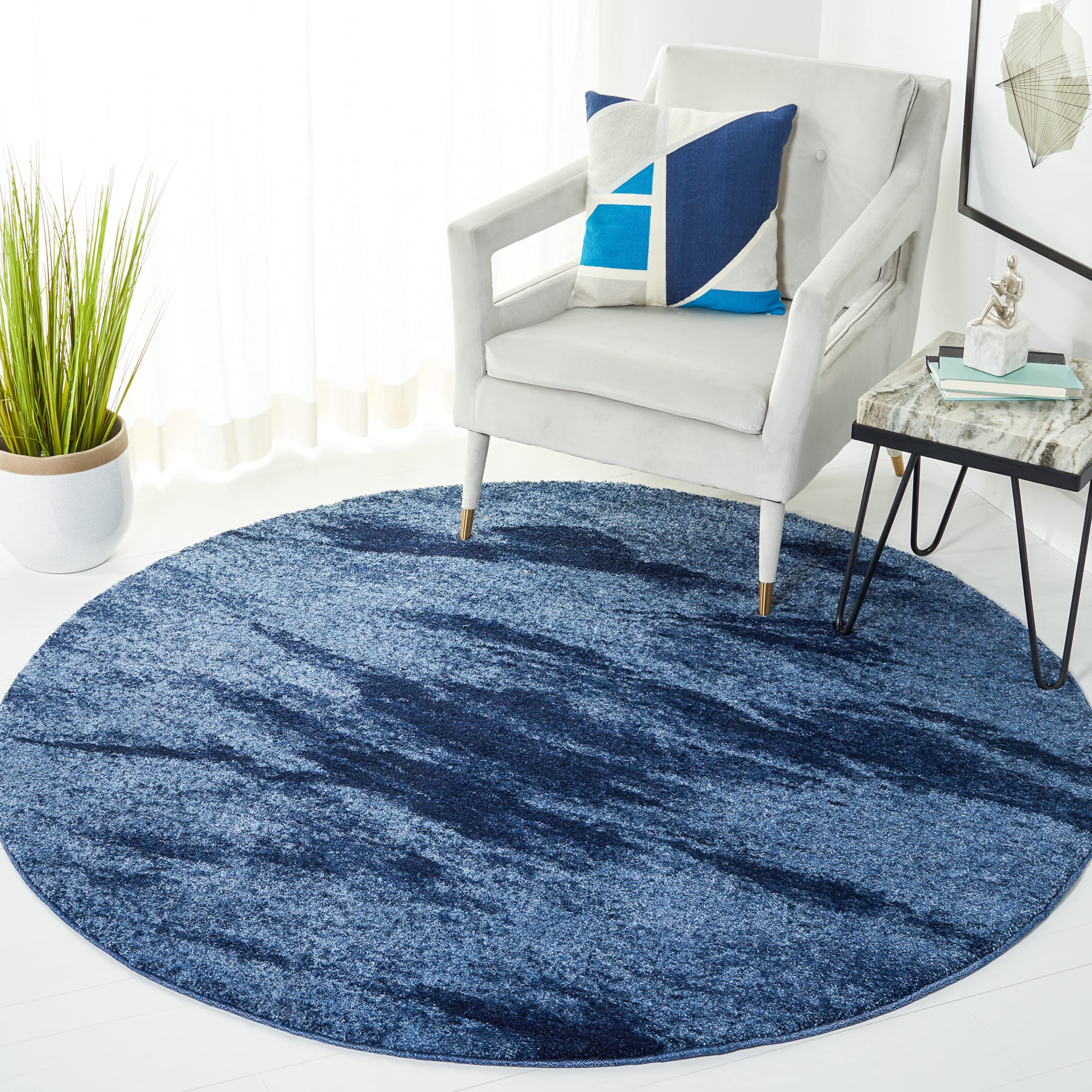 SAFAVIEH Retro Collection 4 Round Light Blue / Blue RET2891 Modern Abstract Non-Shedding Dining Room Entryway Foyer Living Room