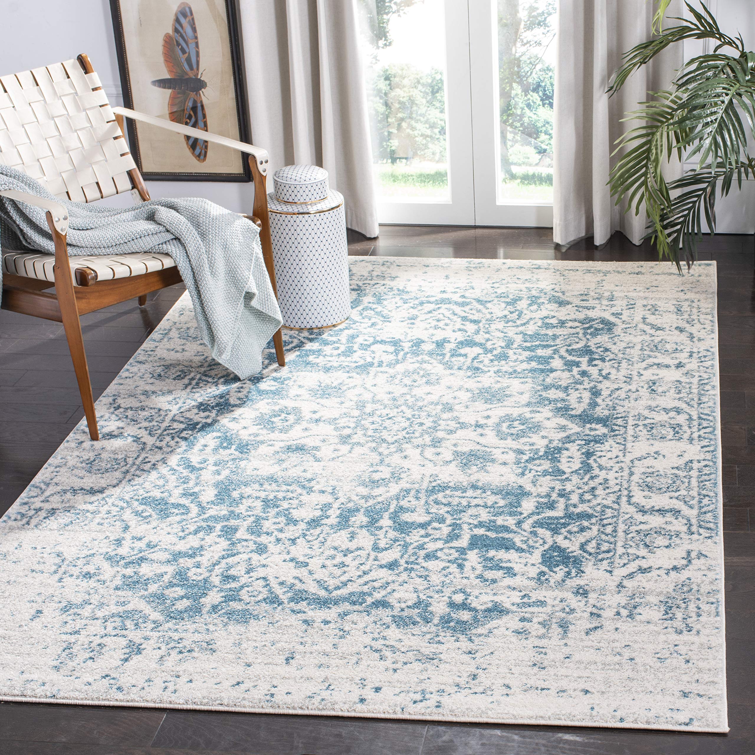 SAFAVIEH Madison Collection 53 Square Teal / Ivory MAD603J Oriental Snowflake Medallion Distressed Non-Shedding Living Room Bed