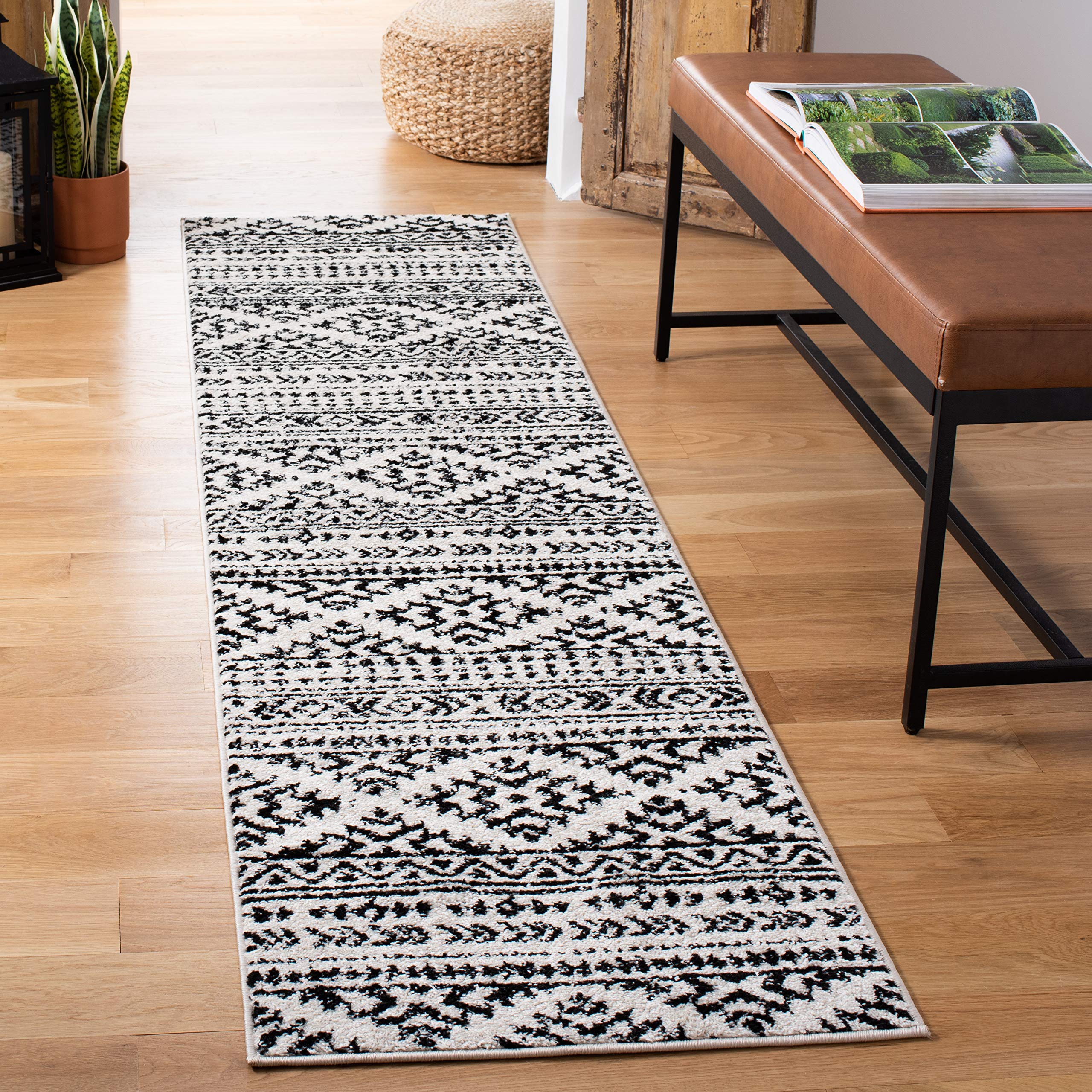 SAFAVIEH Tulum Collection Runner Rug - 2 x 8, Ivory & Black, Moroccan Boho Tribal Design, Non-Shedding & Easy Care, Ideal for 