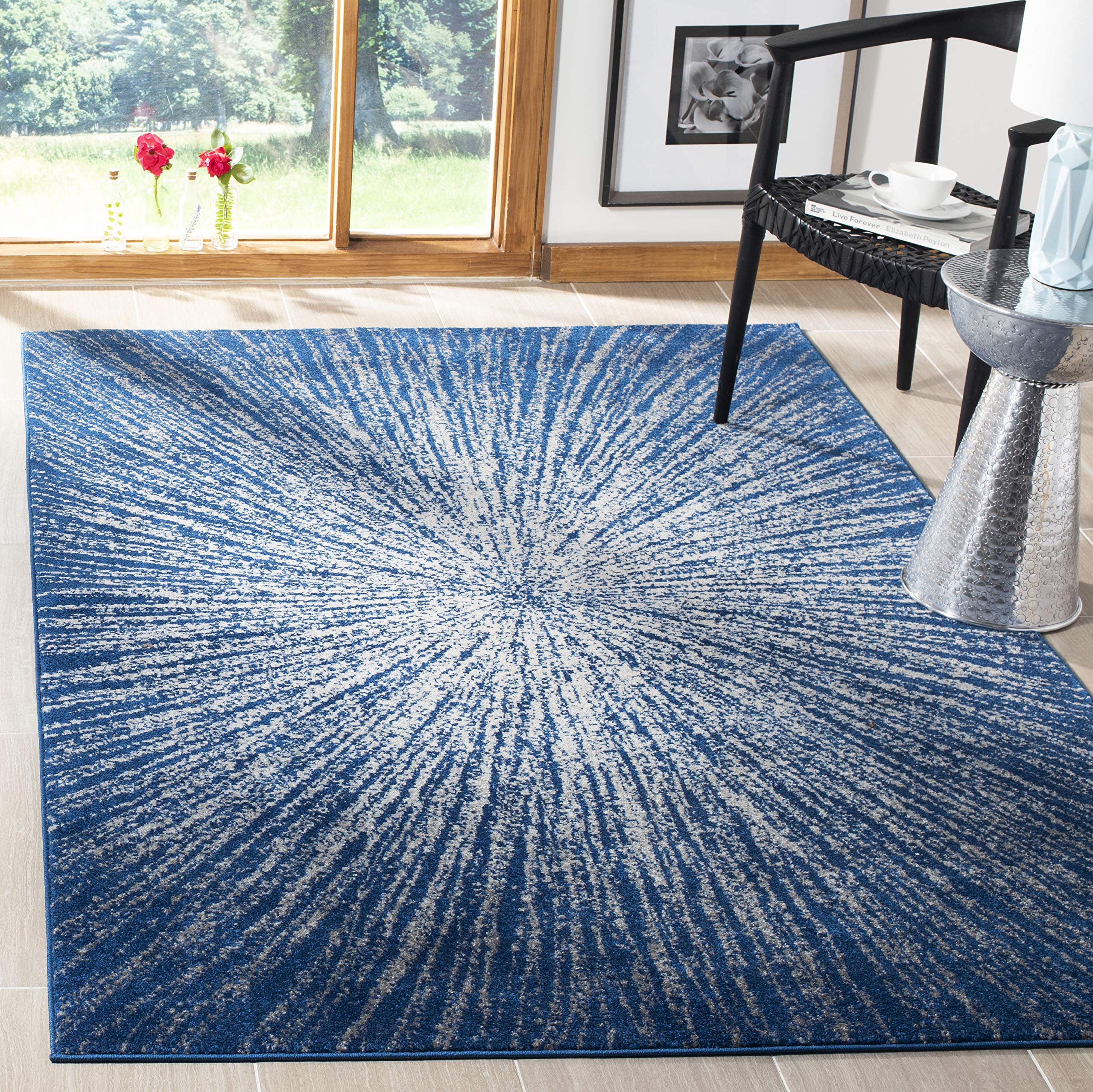 SAFAVIEH Evoke Collection 22 x 5 Navy/Ivory EVK228N Abstract Burst Non-Shedding Living Room Bedroom Area Rug