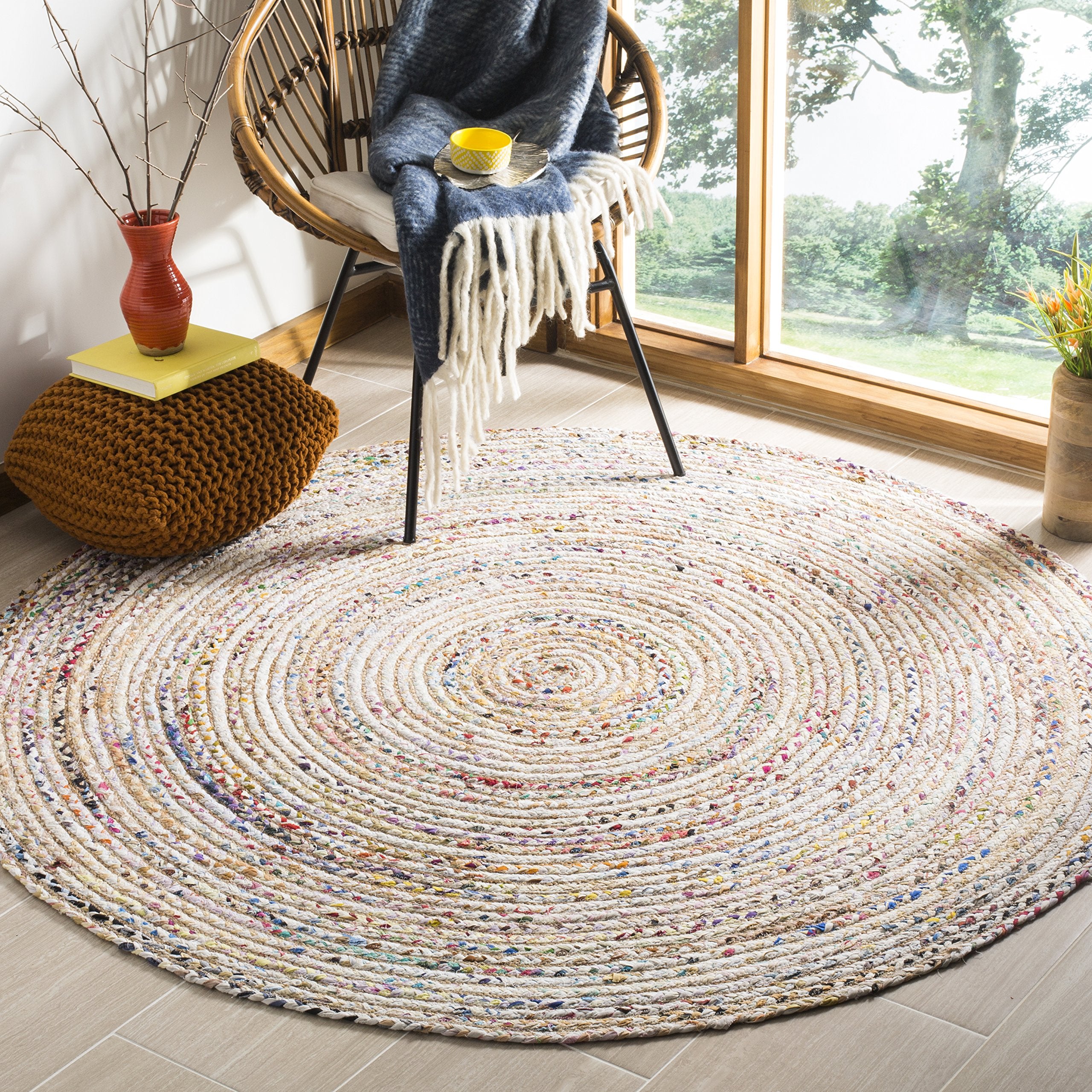 SAFAVIEH Cape Cod Collection Area Rug - 5 Round, Beige & Multi, Handmade Boho Braided Jute & Cotton, Ideal for High Traffic Are