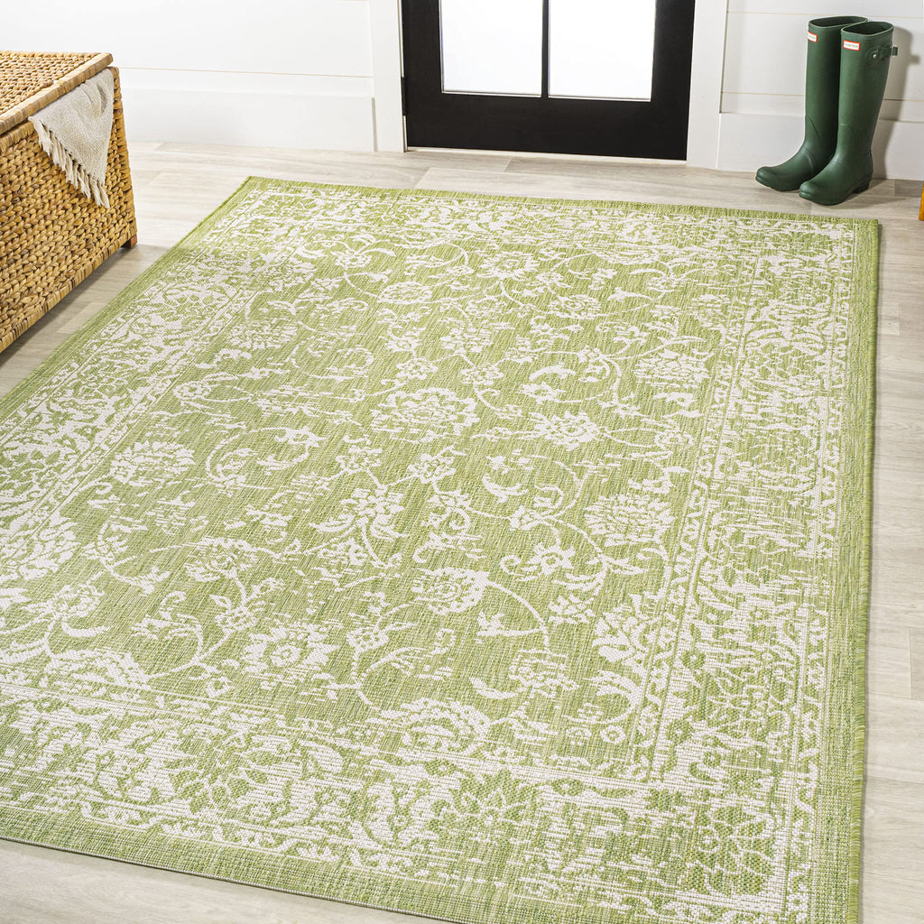 Jonathan Y Smb100D-3 Tela Bohemian Textured Weave Floral Indoor Outdoor Area Rug, Coastal, Traditional, Transitional Easy Cleaning,Bedroom,Kitchen,Backyard,Patio,Non Shedding, Green/Cream, 3 X 5