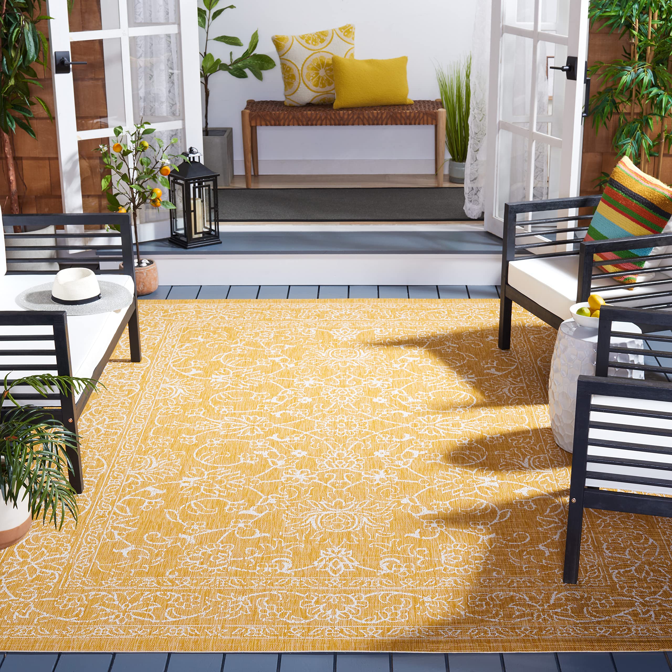Safavieh Courtyard Collection 6'7' Square Gold/Ivory Cy8680 Indoor/ Outside Waterproof Easy Cleansingpatio Backyard Mudroom Are