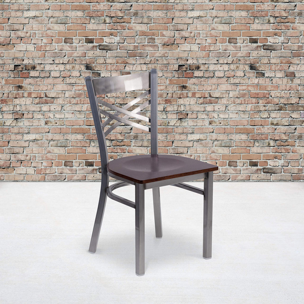 Flash Furniture Hercules Series Clear Coated ''X'' Back Metal Restaurant Chair - Walnut Wood Seat