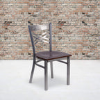Flash Furniture Hercules Series Clear Coated ''X'' Back Metal Restaurant Chair - Walnut Wood Seat