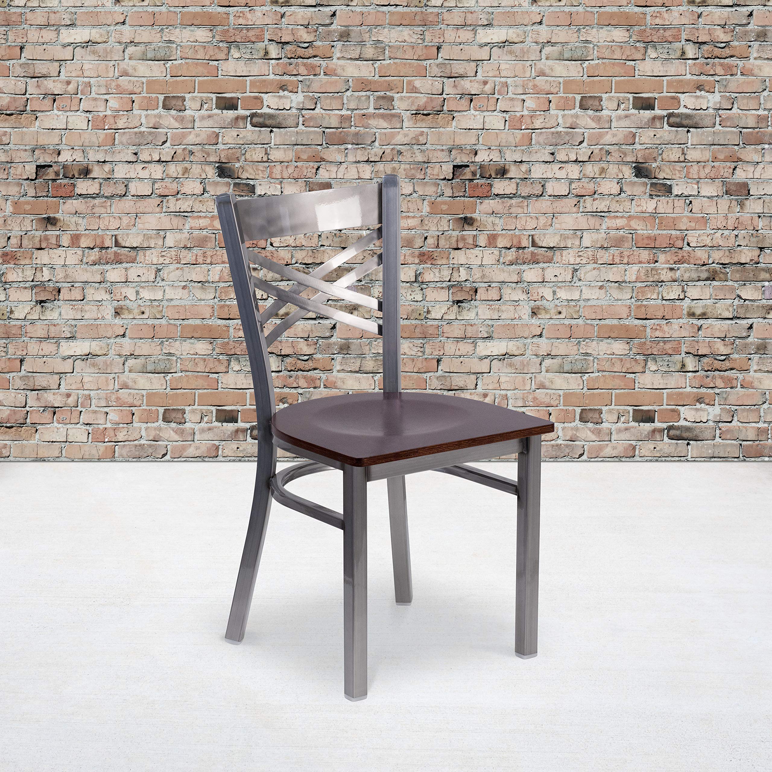 Flash Furniture Hercules Series Clear Coated ''X'' Back Metal Restaurant Chair - Walnut Wood Seat