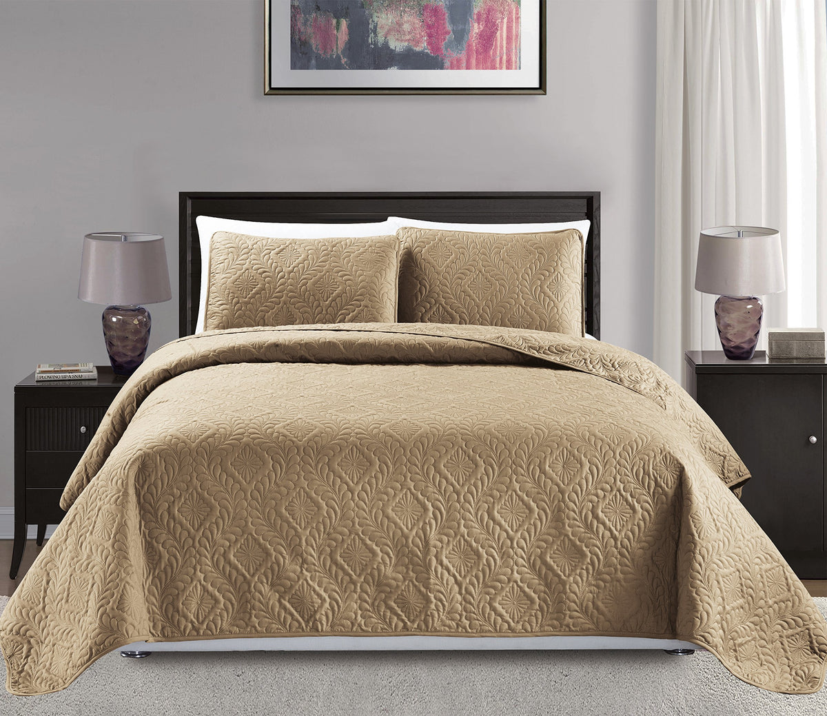 Mk Collection Diamond Bedspread Bed-Cover Embossed Solid Taupe New (Full/Queen Size)