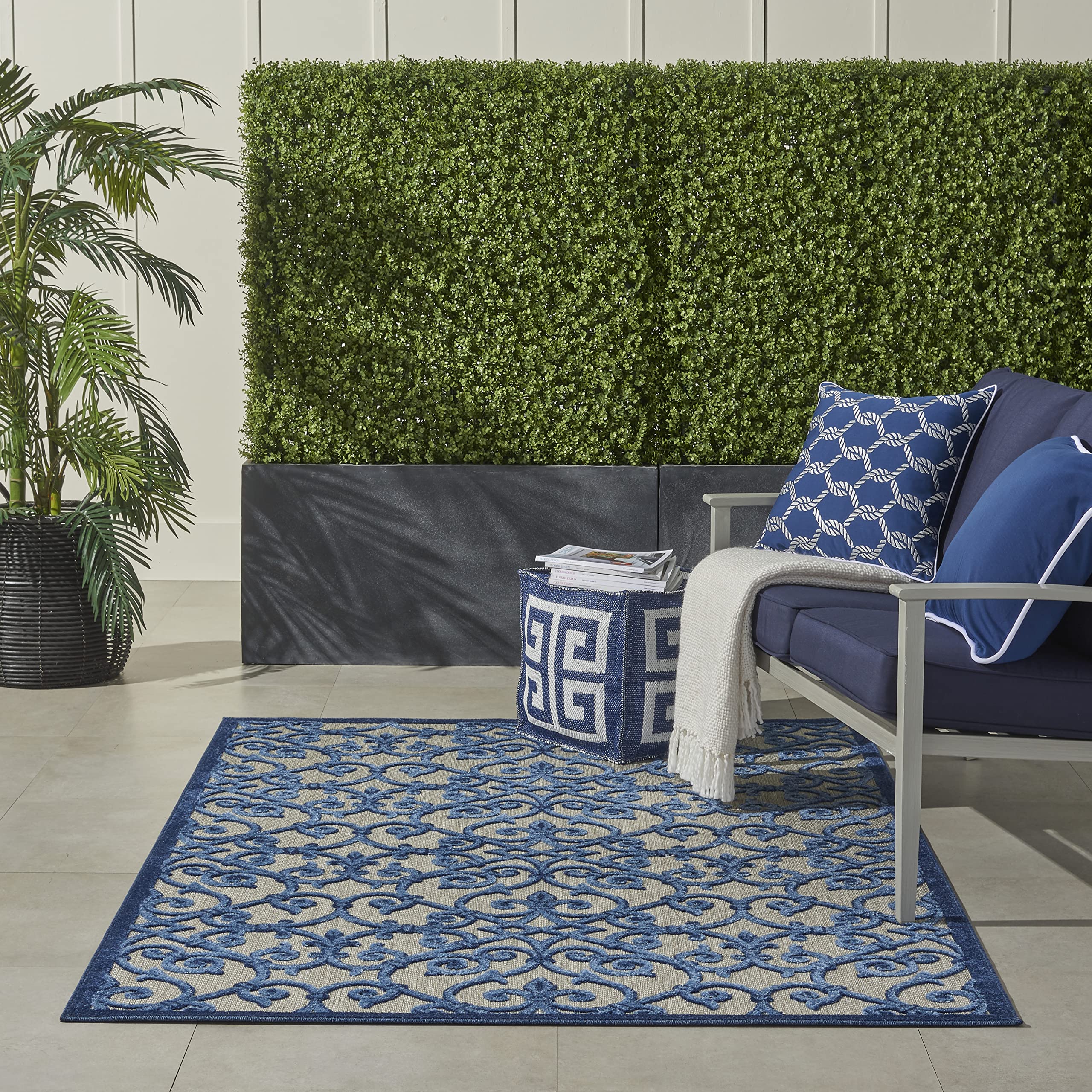 Nourison Aloha Indoor/Outdoor Grey/Blue 5'3' X 7'5' Area Rug, Transitional, French Country, Easy Cleaning, Non Shedding, Bed R