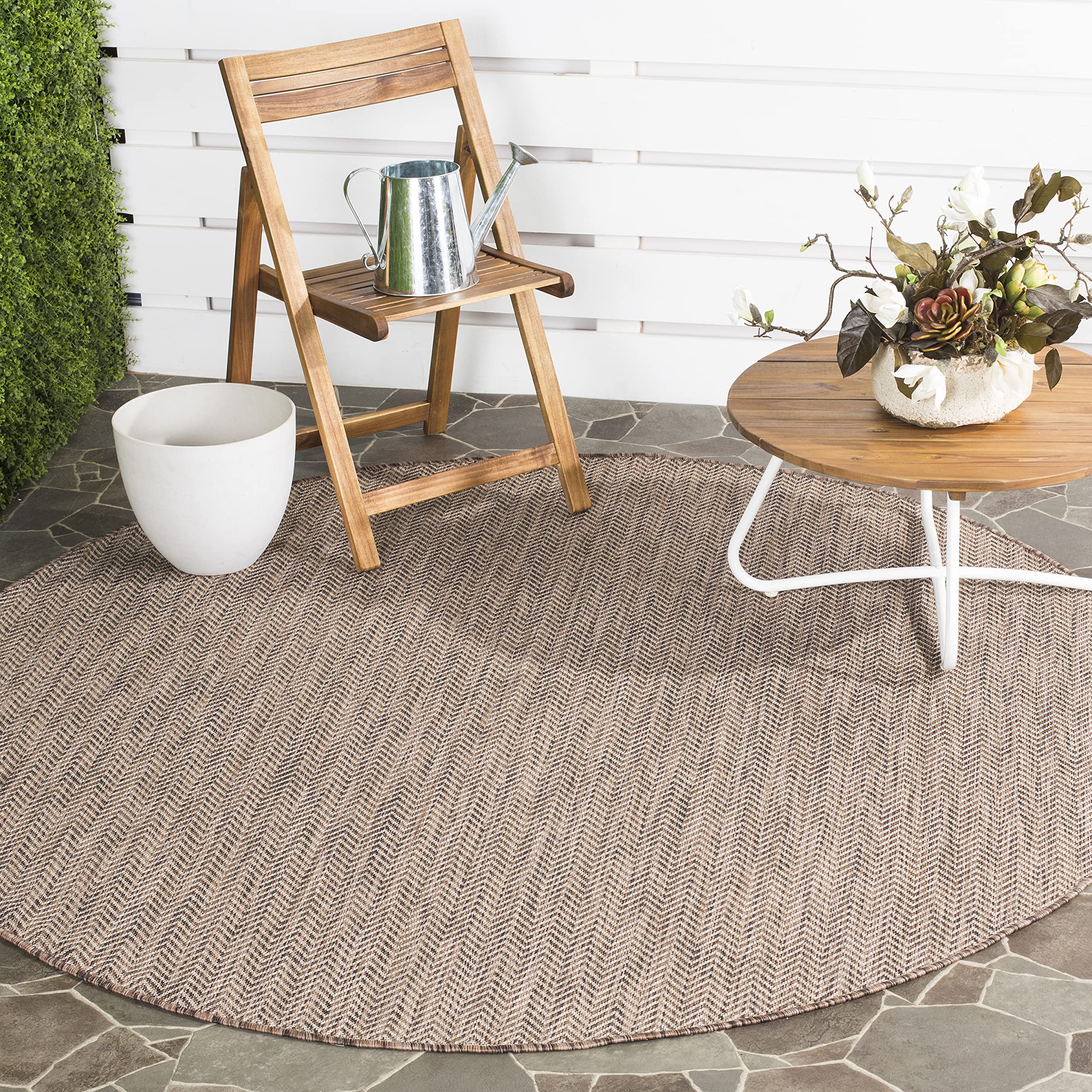 SAFAVIEH Courtyard Collection Area Rug - 6'7'' Round, Brown & Beige, Non-Shedding & Easy Care, Indoor/Outdoor & Washable-Ideal f