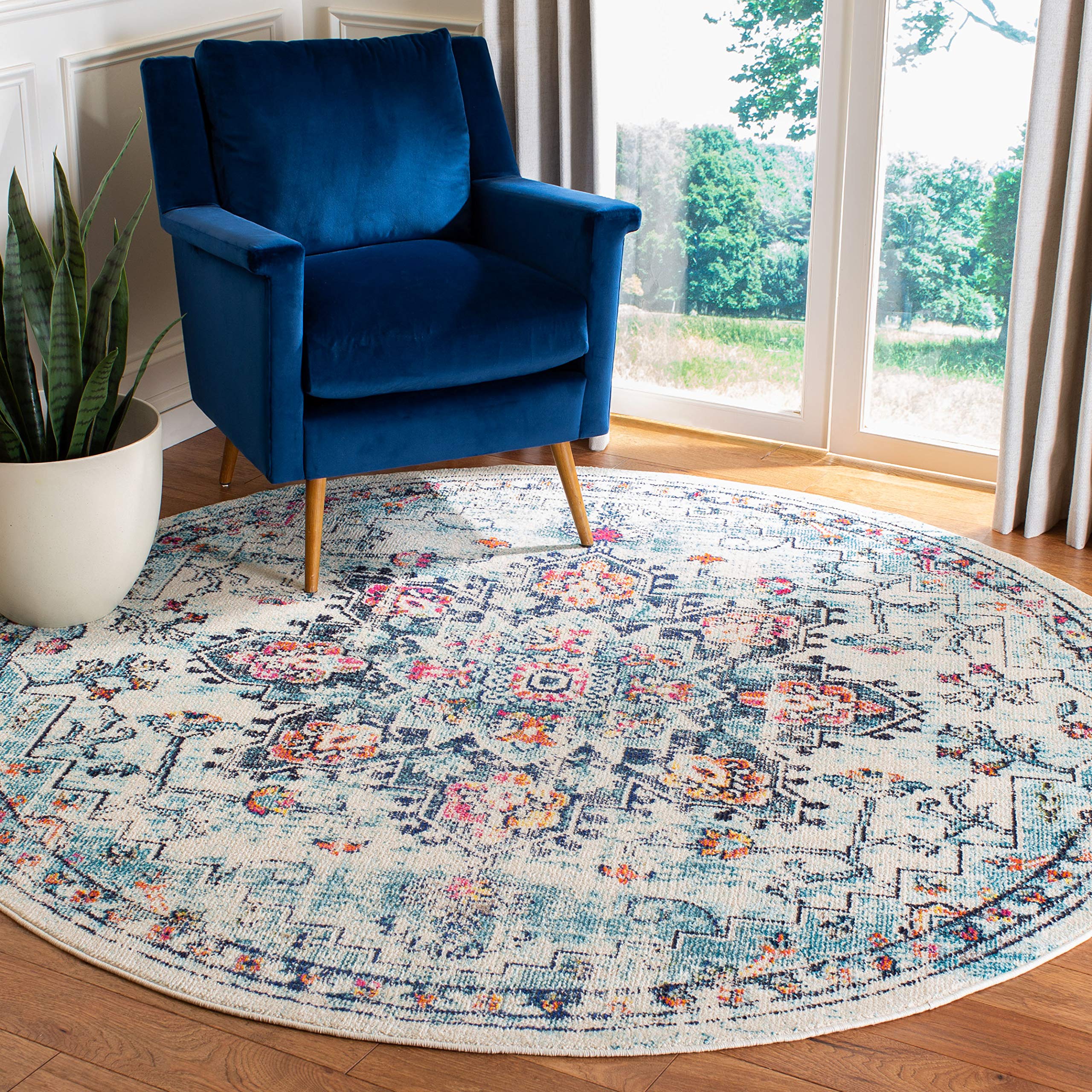 SAFAVIEH Madison Collection Area Rug - 4 Round, Cream & Blue, Boho Chic Medallion Distressed Design, Non-Shedding & Easy Care, 