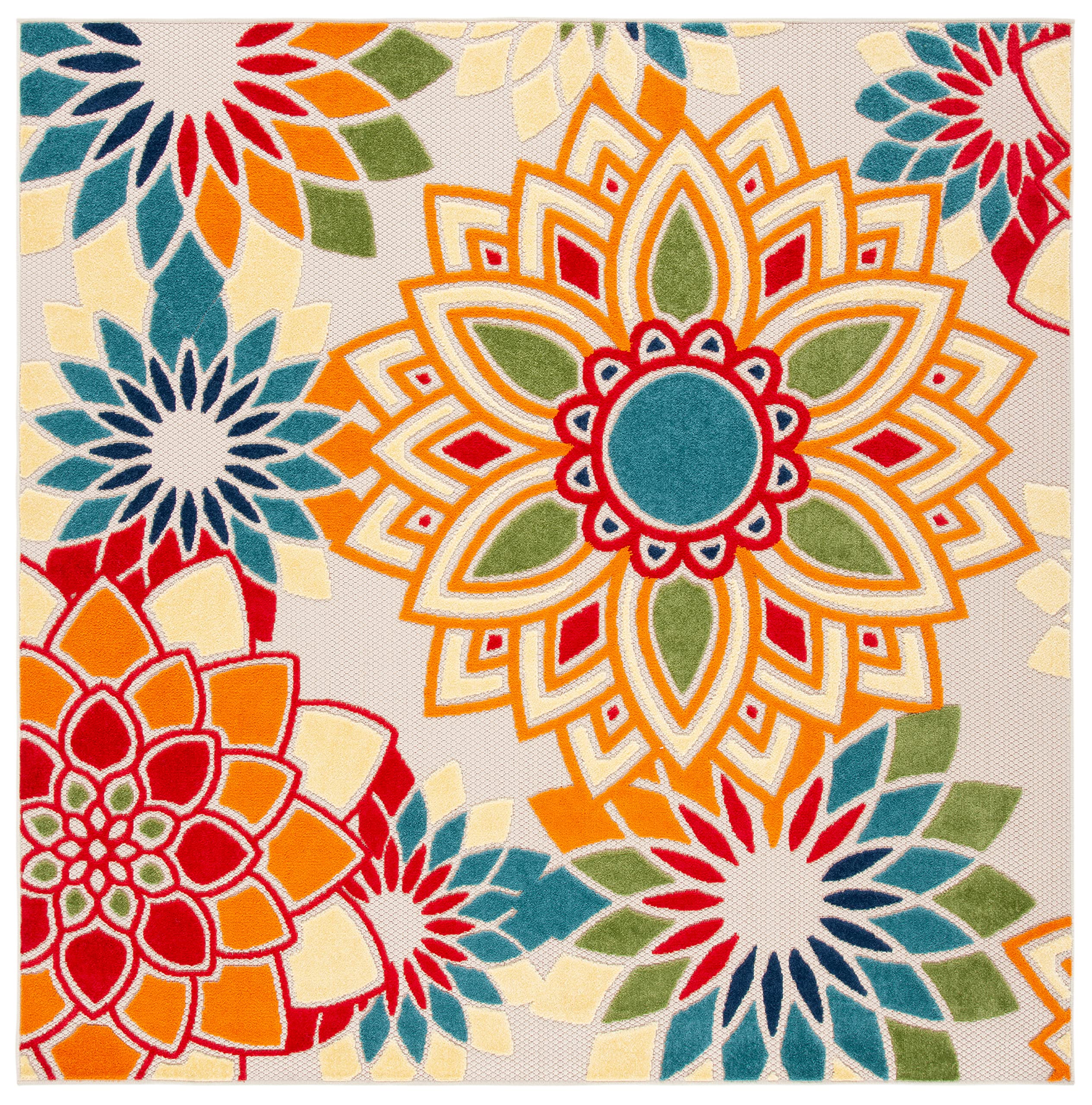 Safavieh Cabana Collection 6'7' Square Ivory / Orange Cbn328A Floral Indoor/ Outdoor Non-Shedding Easy Cleaning Patio Backyard