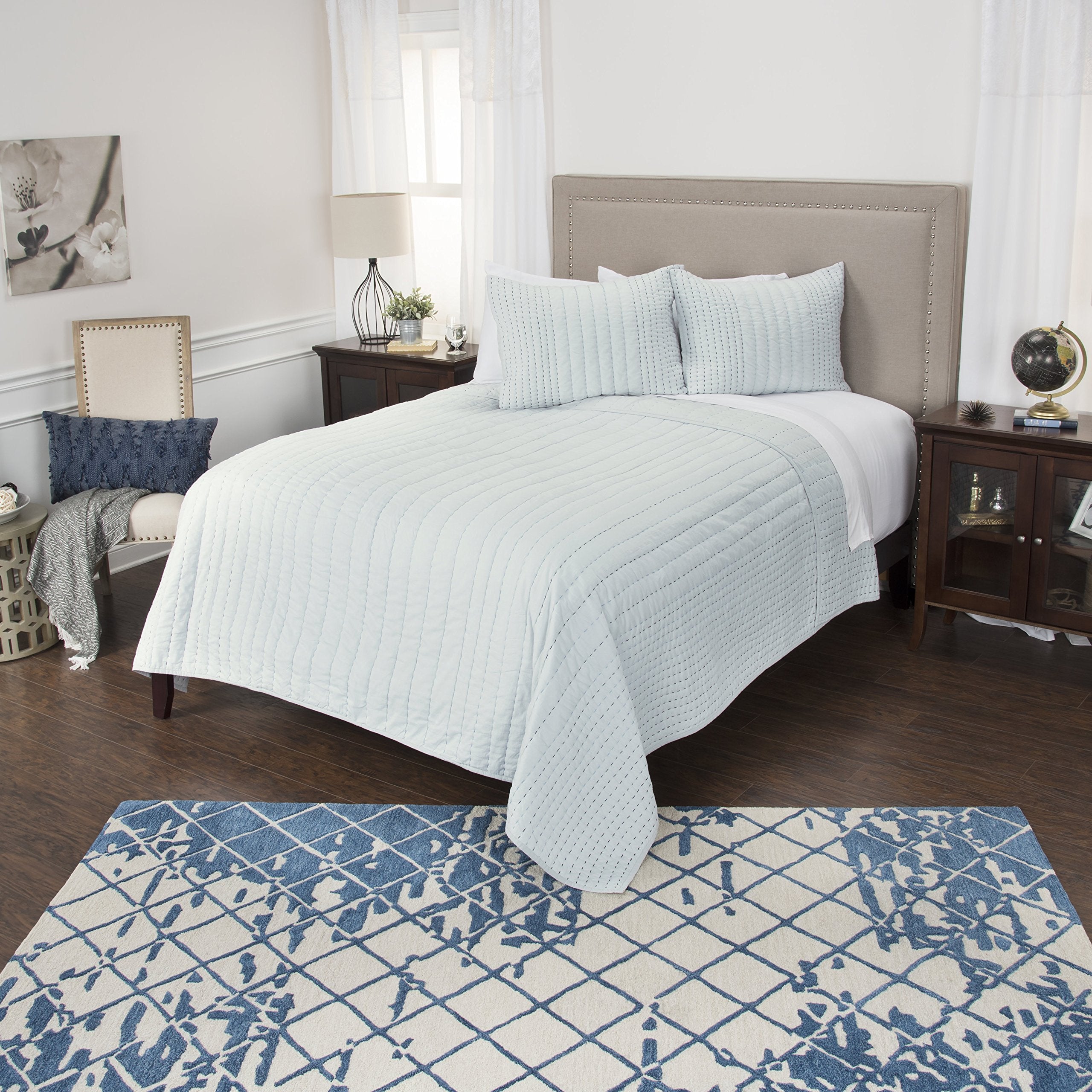 Rizzy Home | BQ4561 | Polyester Quilt | 106&quot;x92&quot; Blue/Gray/Nuetral Stripe