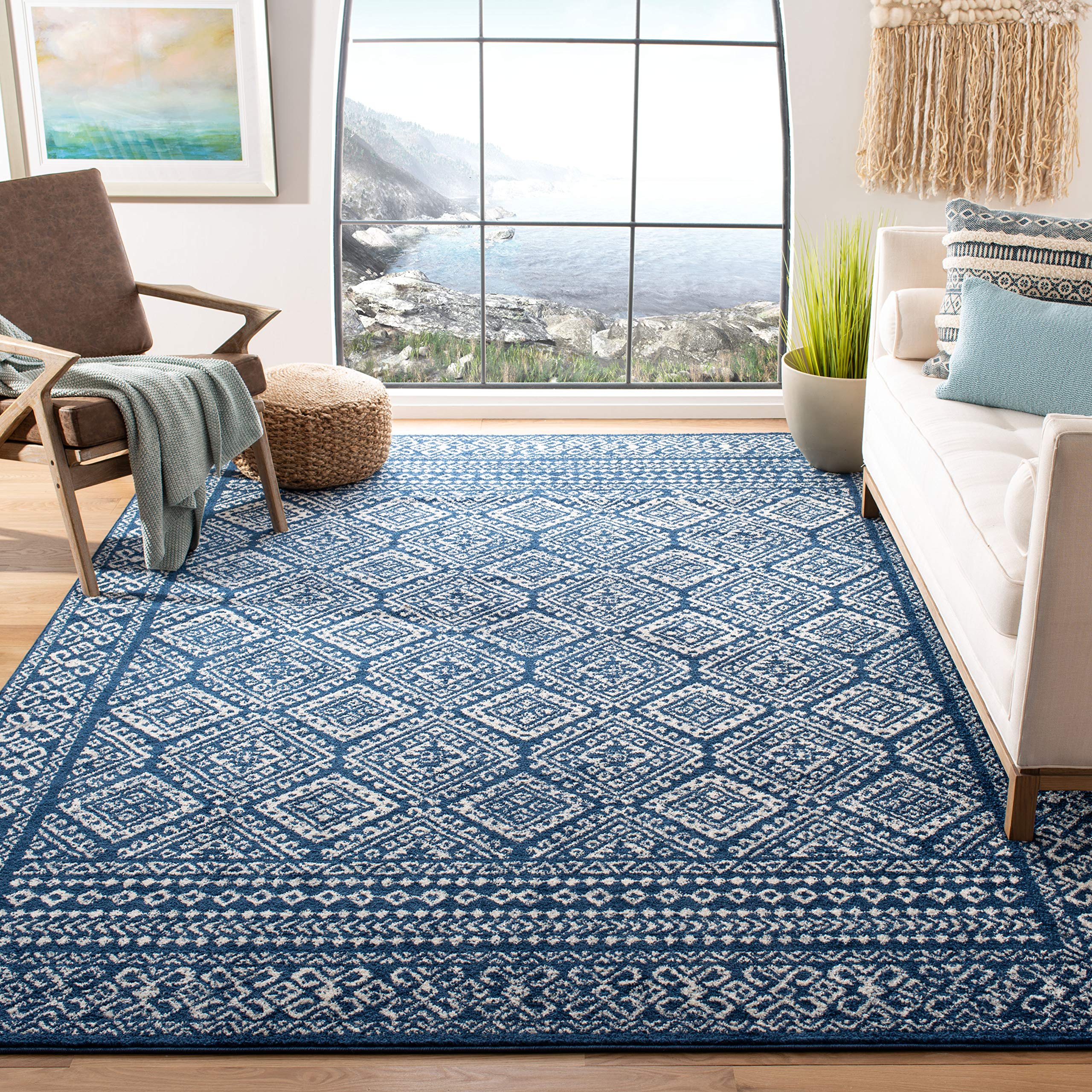 SAFAVIEH Tulum Collection 9 Square Navy/Ivory TUL264N Moroccan Boho Distressed Non-Shedding Living Room Bedroom Dining Home Off