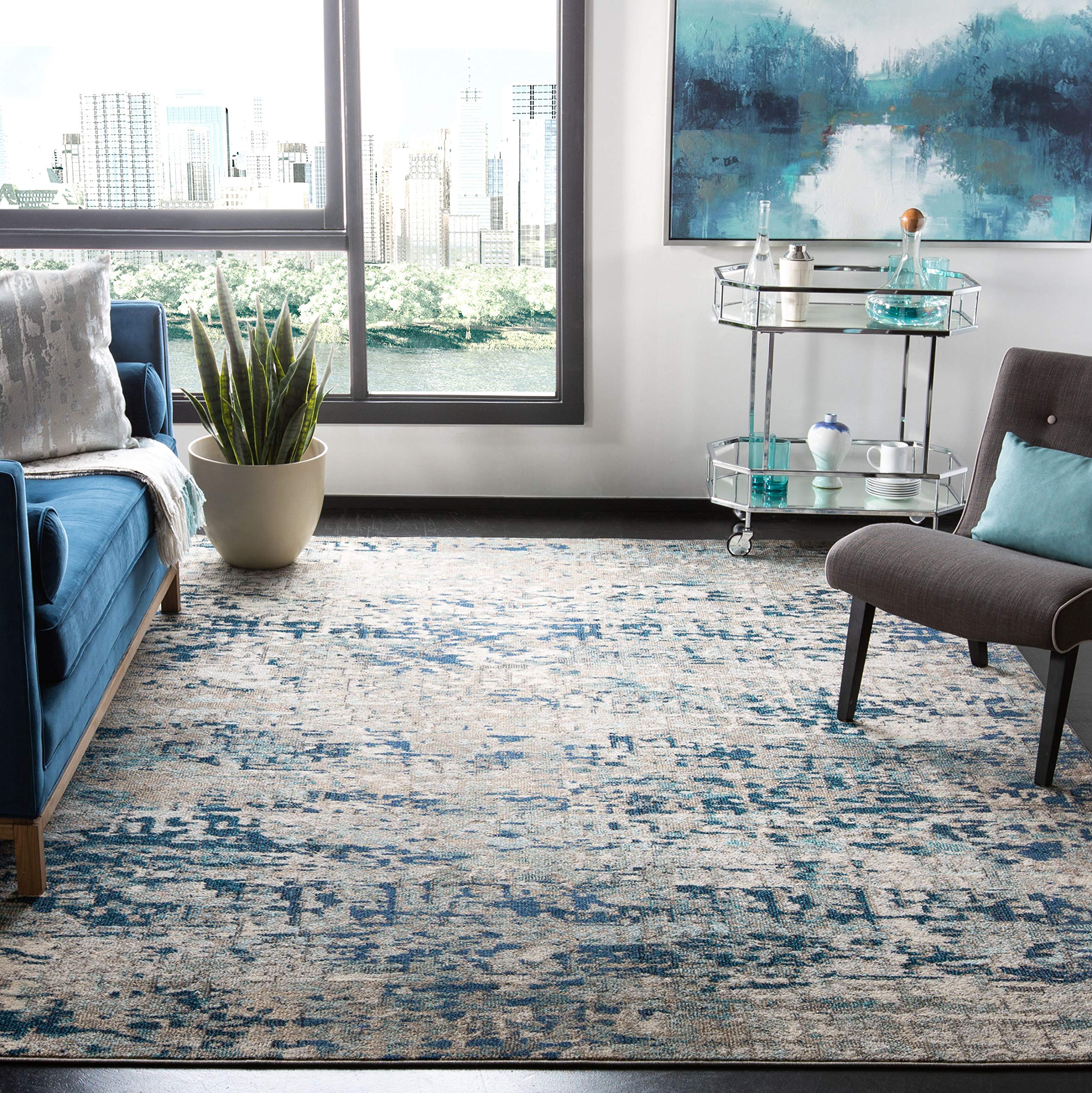 SAFAVIEH Madison Collection 11 Square Grey/Blue MAD460K Modern Abstract Non-Shedding Living Room Bedroom Dining Home Office Are