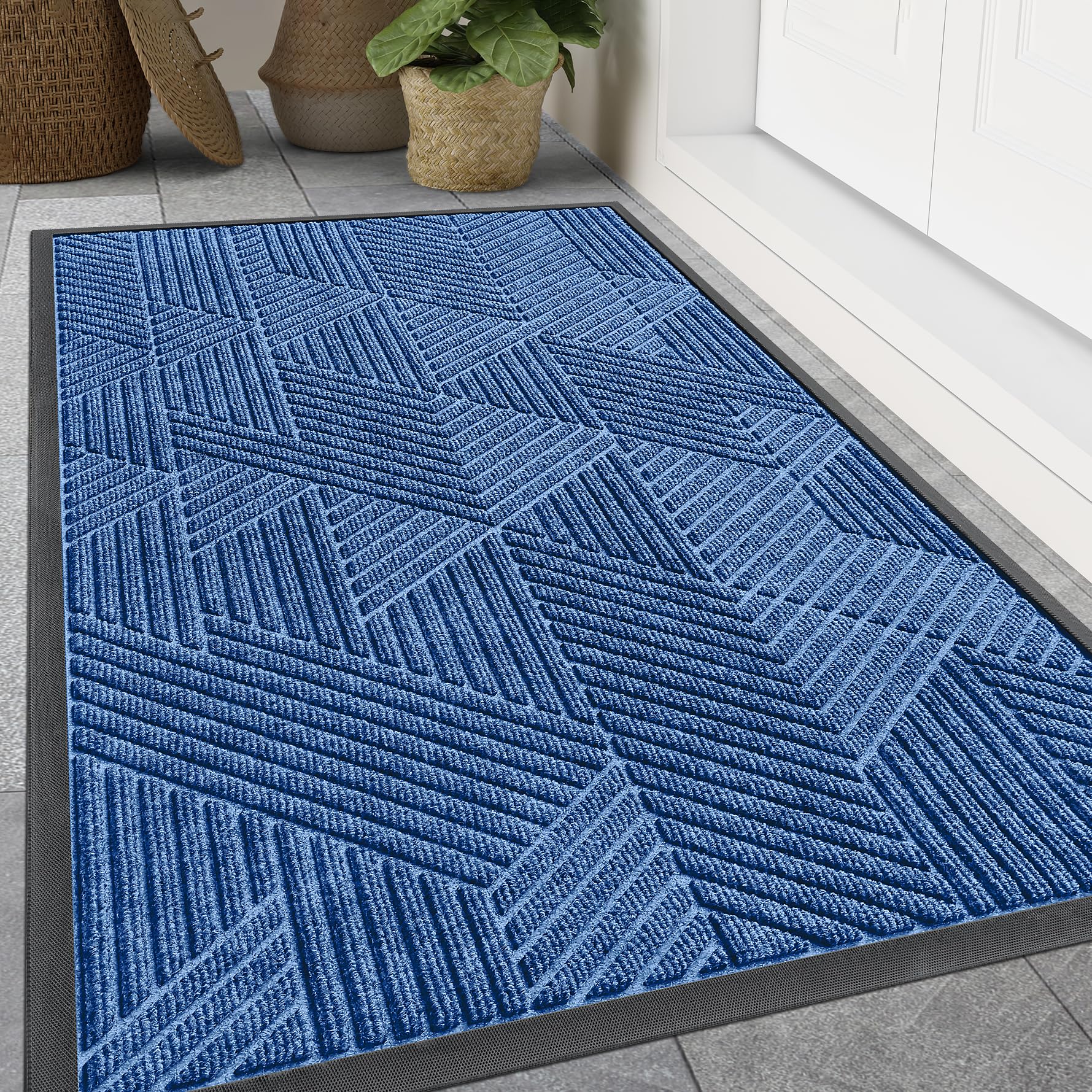 Smiry Front Door Mat Outside Entrance, Heavy Duty Natural Rubber Mat, Sturdy Trap Dirt And Moisture Indoor Outdoor Door Mat, Easy Clean Low Profile Doormat Outdoor Entrance, 47X32 Inch, Blue