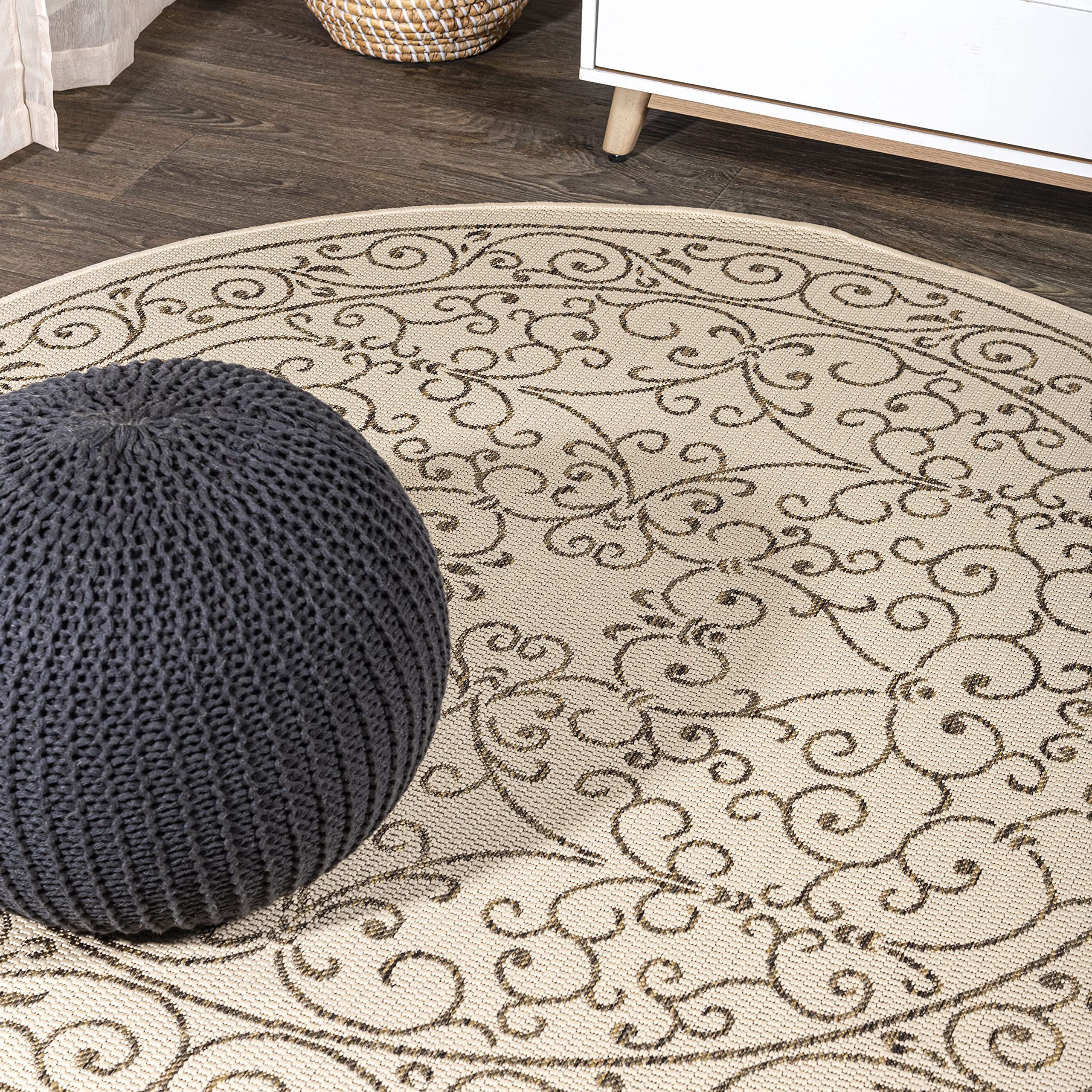 Jonathan Y Smb106A-6R Charleston Vintage Filigree Textured Weave Beige/Brown 6' Round Indoor/Outdoor Area Rug, Pet Friendly, Non