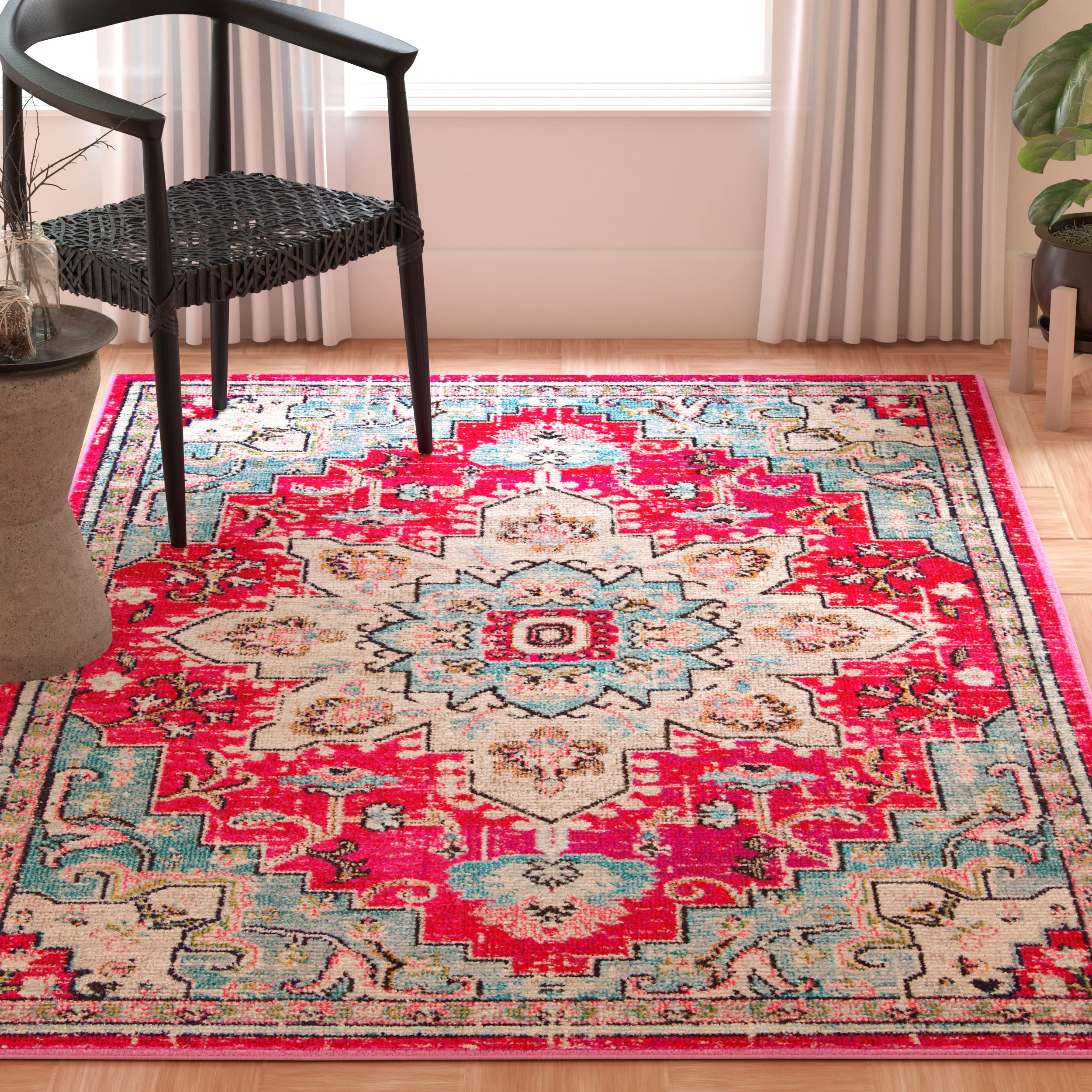 SAFAVIEH Madison Collection Accent Rug - 4 x 6, Fuchsia & Blue, Medallion Distressed Design, Non-Shedding & Easy Care, Ideal f
