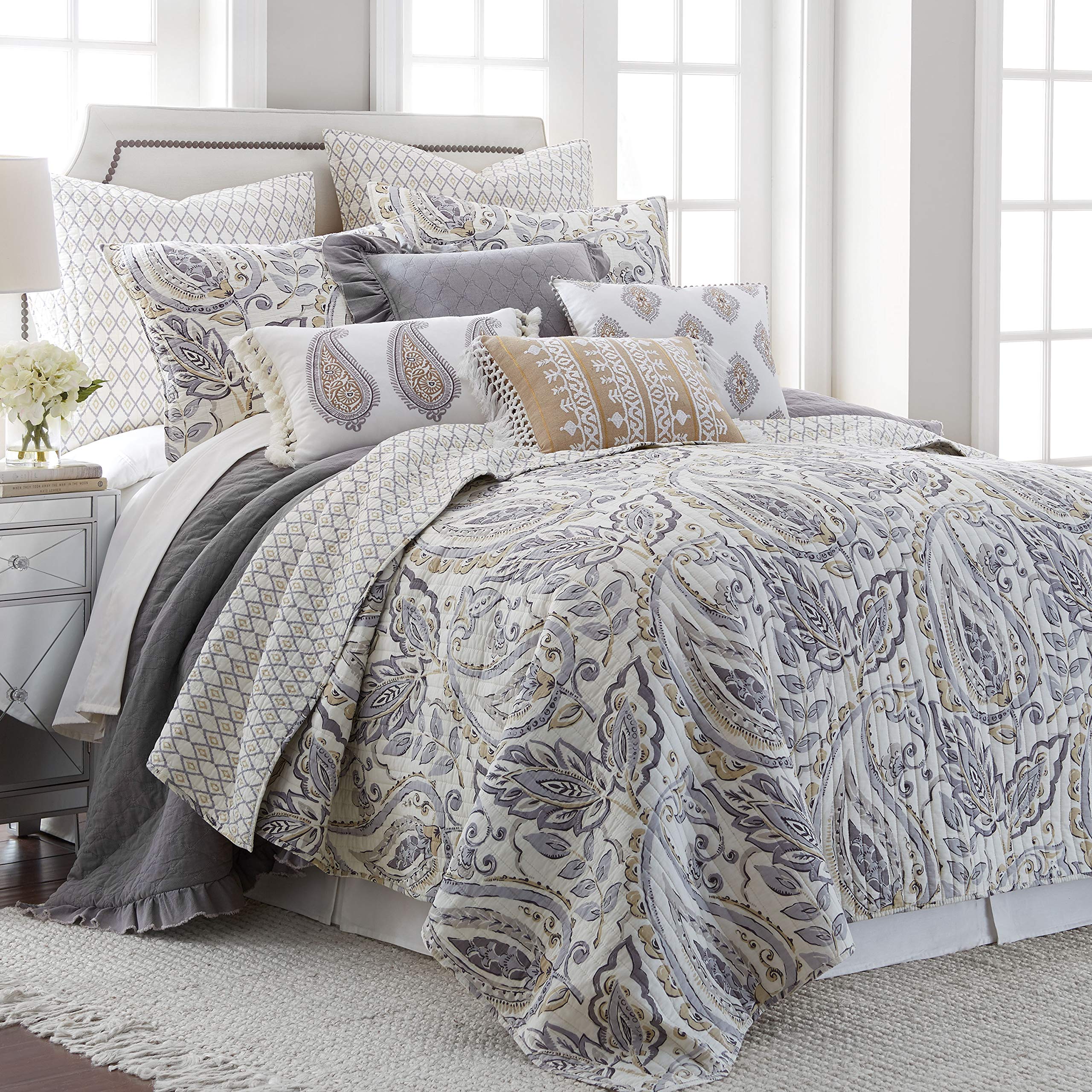 Levtex Home - Tamsin Grey Quilt Set - King Quilt + Two King Pillow Shams - Modern Paisley - Grey Taupe Off-White - Quilt Size (1