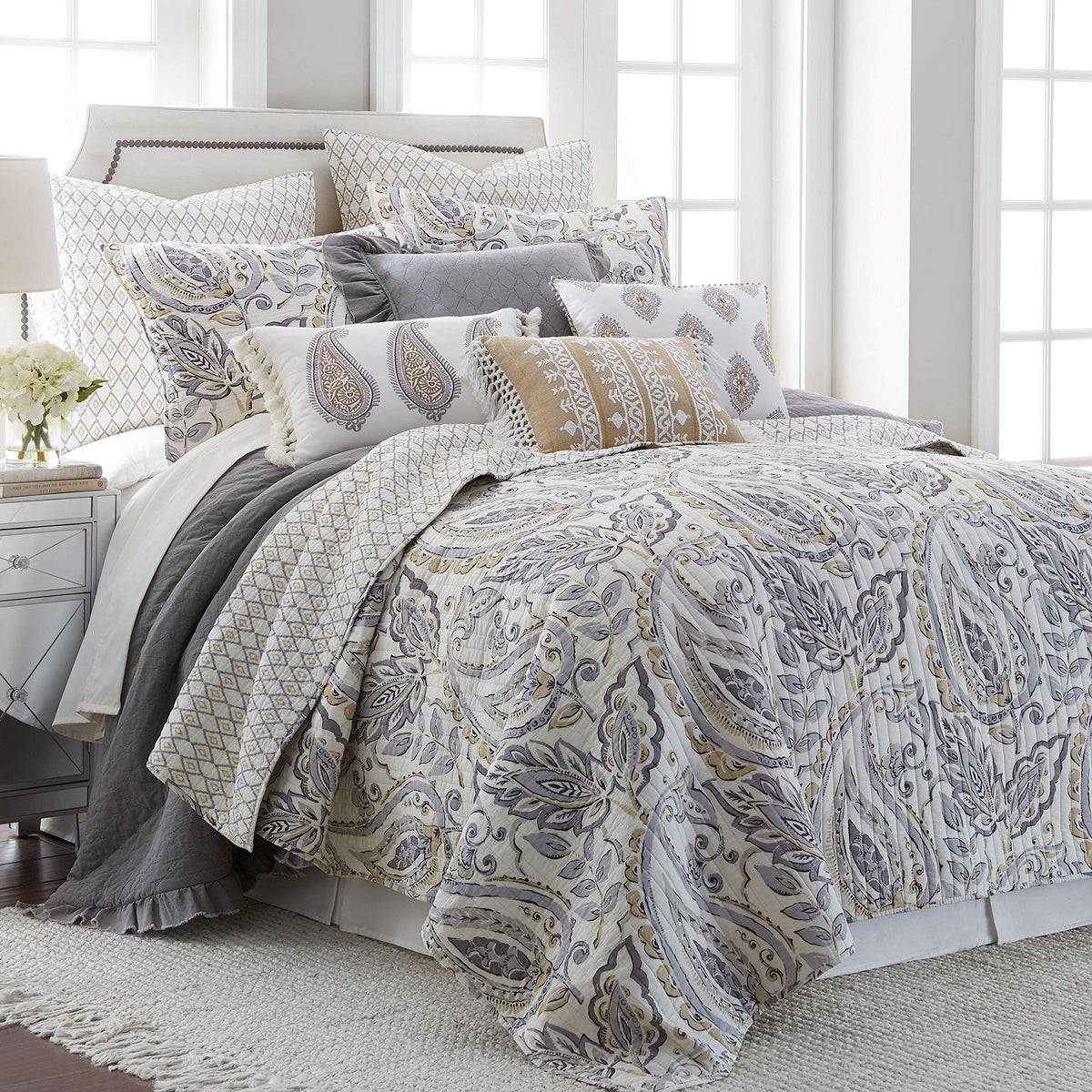 Levtex Home - Tamsin Grey Quilt Set - King Quilt + Two King Pillow Shams - Modern Paisley - Grey Taupe Off-White - Quilt Size (1