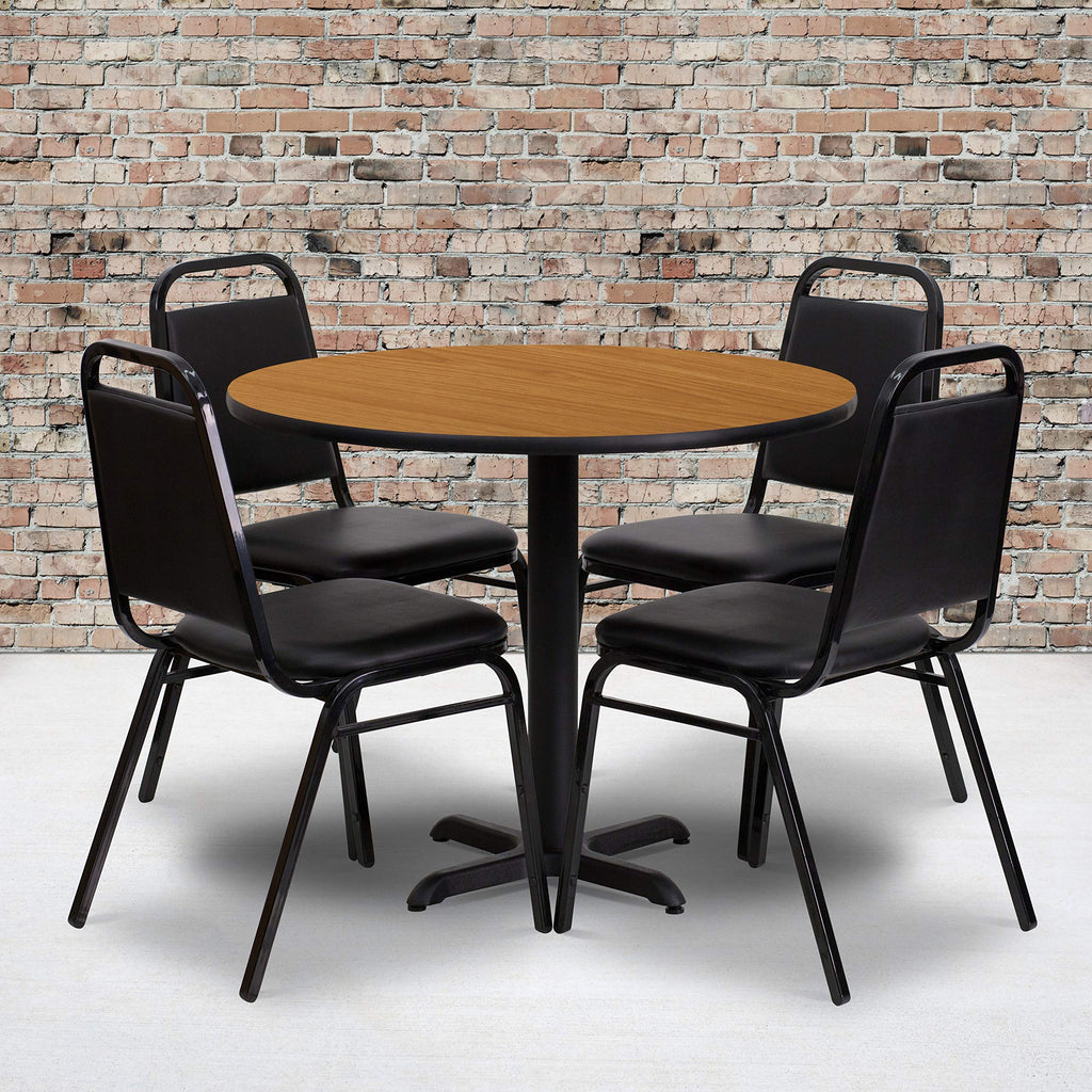 Flash Furniture Carlton 36'' Round Natural Laminate Table Set with X-Base and 4 Black Trapezoidal Back Banquet Chairs