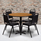 Flash Furniture Carlton 36'' Round Natural Laminate Table Set with X-Base and 4 Black Trapezoidal Back Banquet Chairs