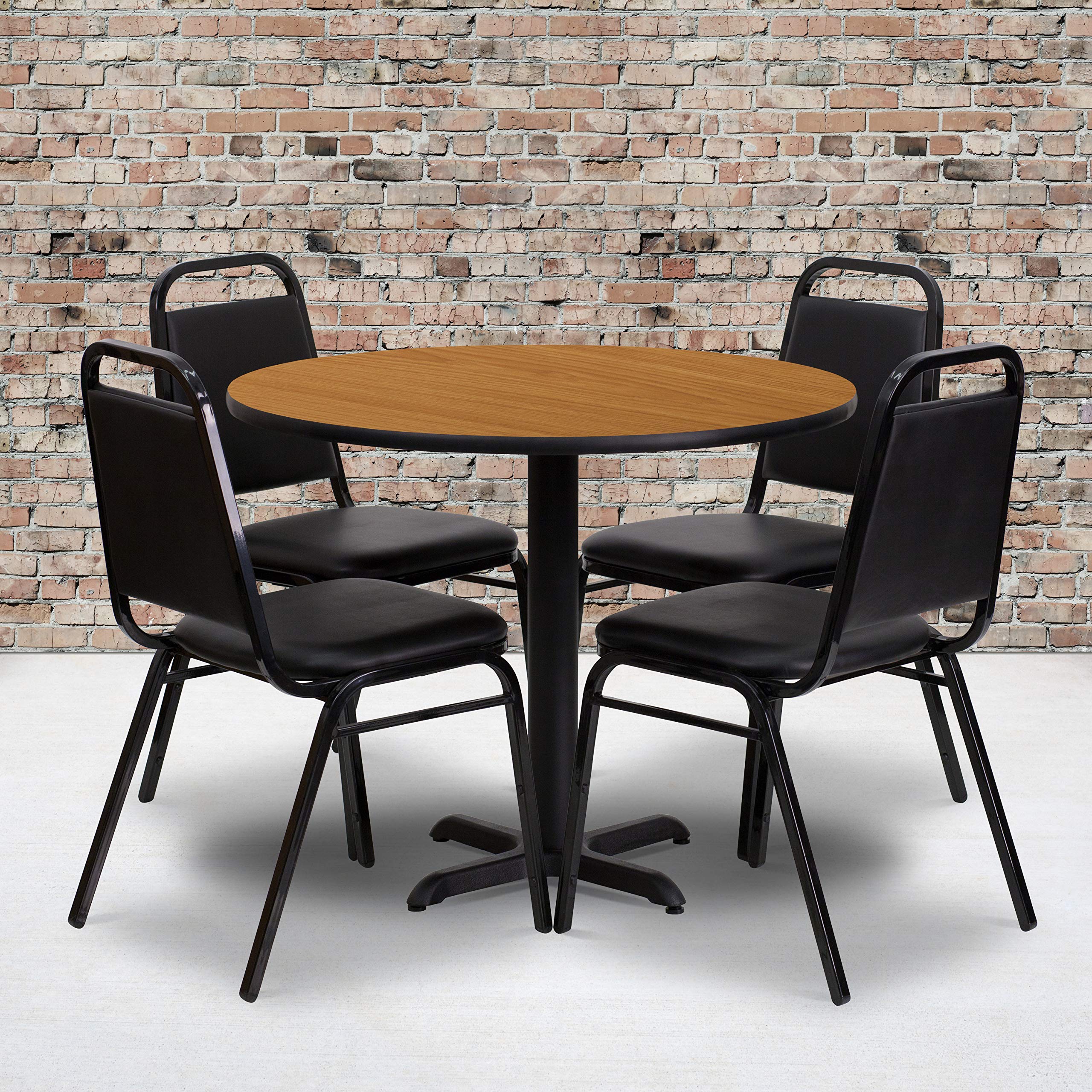 Flash Furniture Carlton 36'' Round Natural Laminate Table Set with X-Base and 4 Black Trapezoidal Back Banquet Chairs