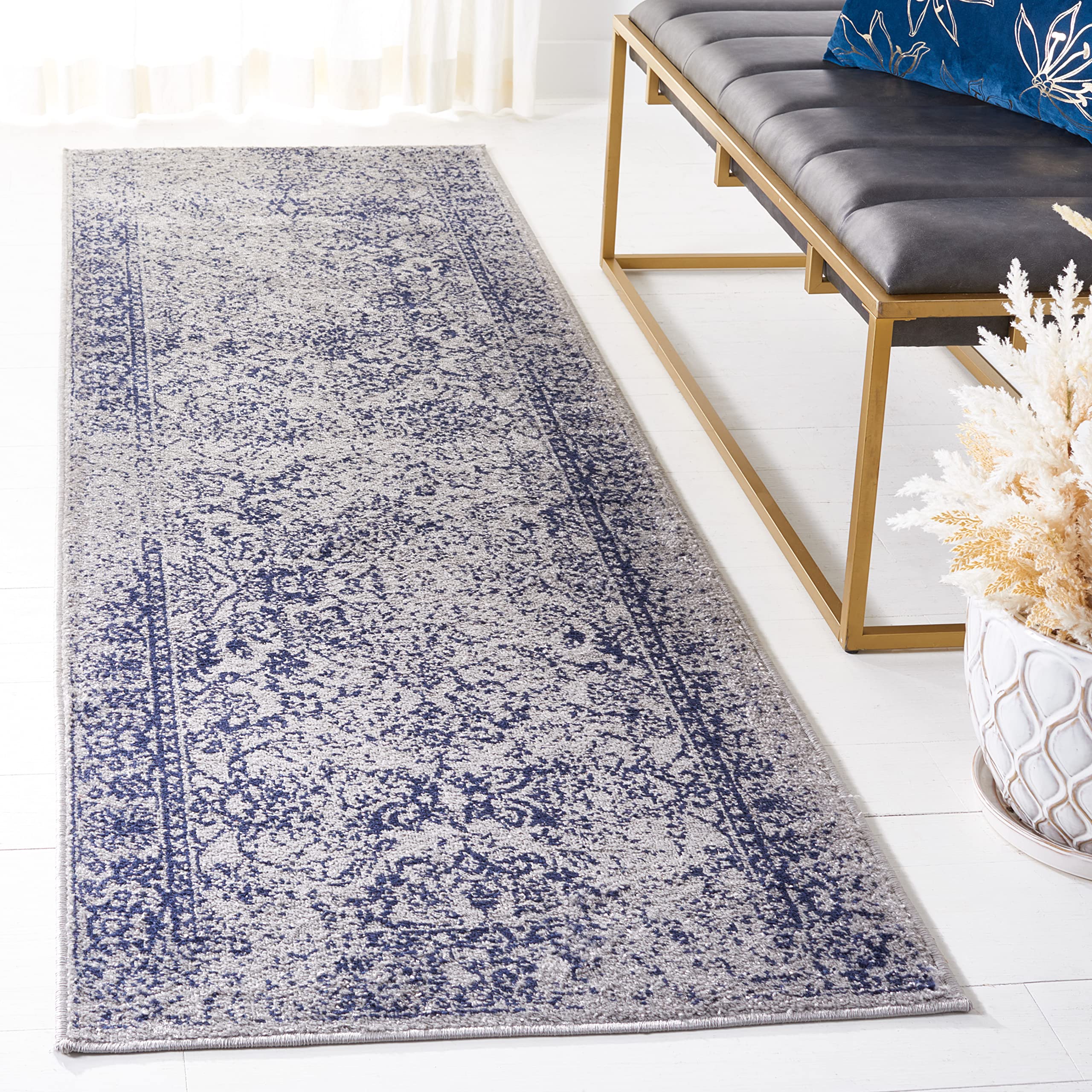 SAFAVIEH Adirondack Collection Runner Rug - 26 x 8, Grey & Navy, Oriental Distressed Design, Non-Shedding & Easy Care, Ideal f