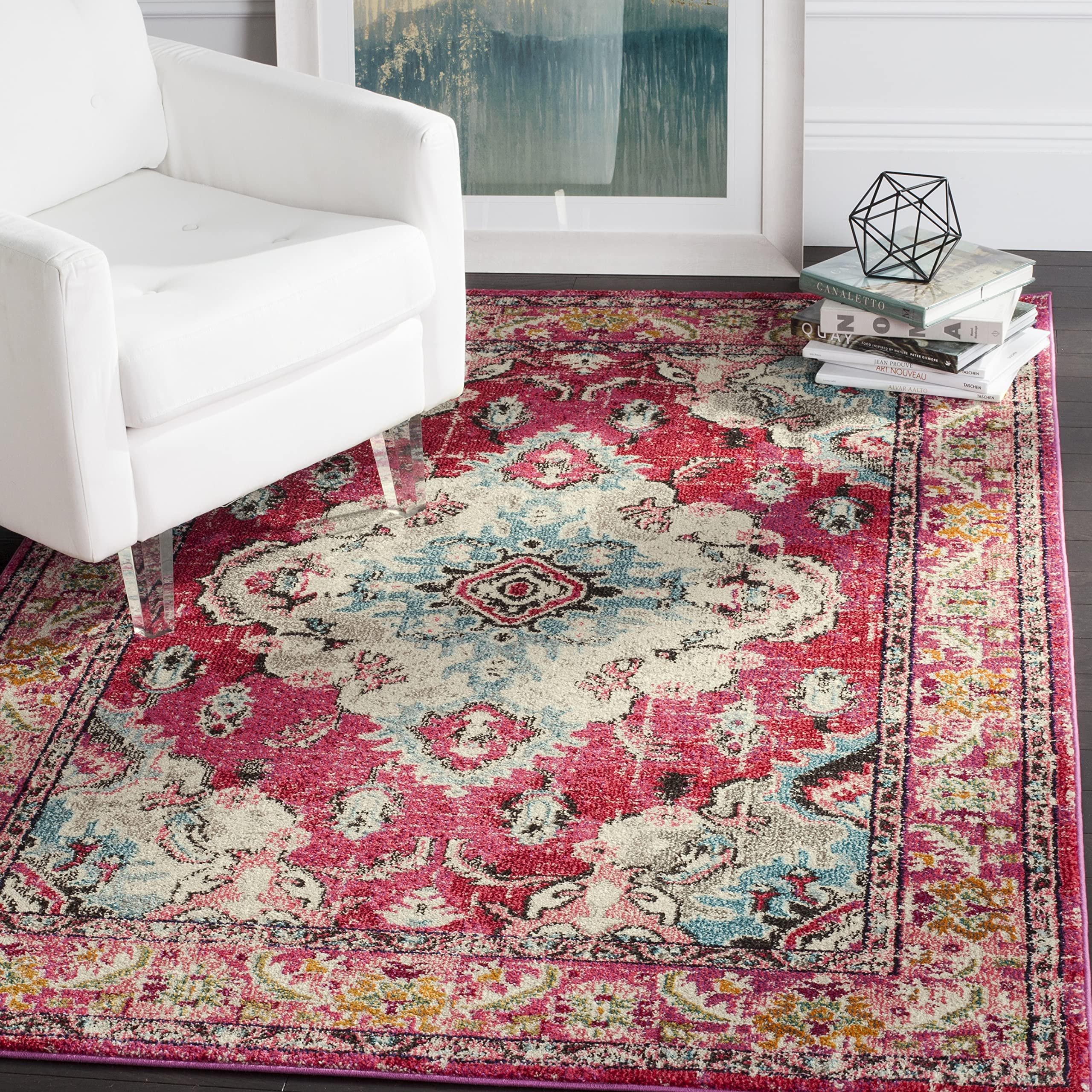 SAFAVIEH Monaco Collection 4 Square PinkMulti MNC243D Boho Chic Medallion Distressed Non-Shedding Living Room Bedroom Area Rug