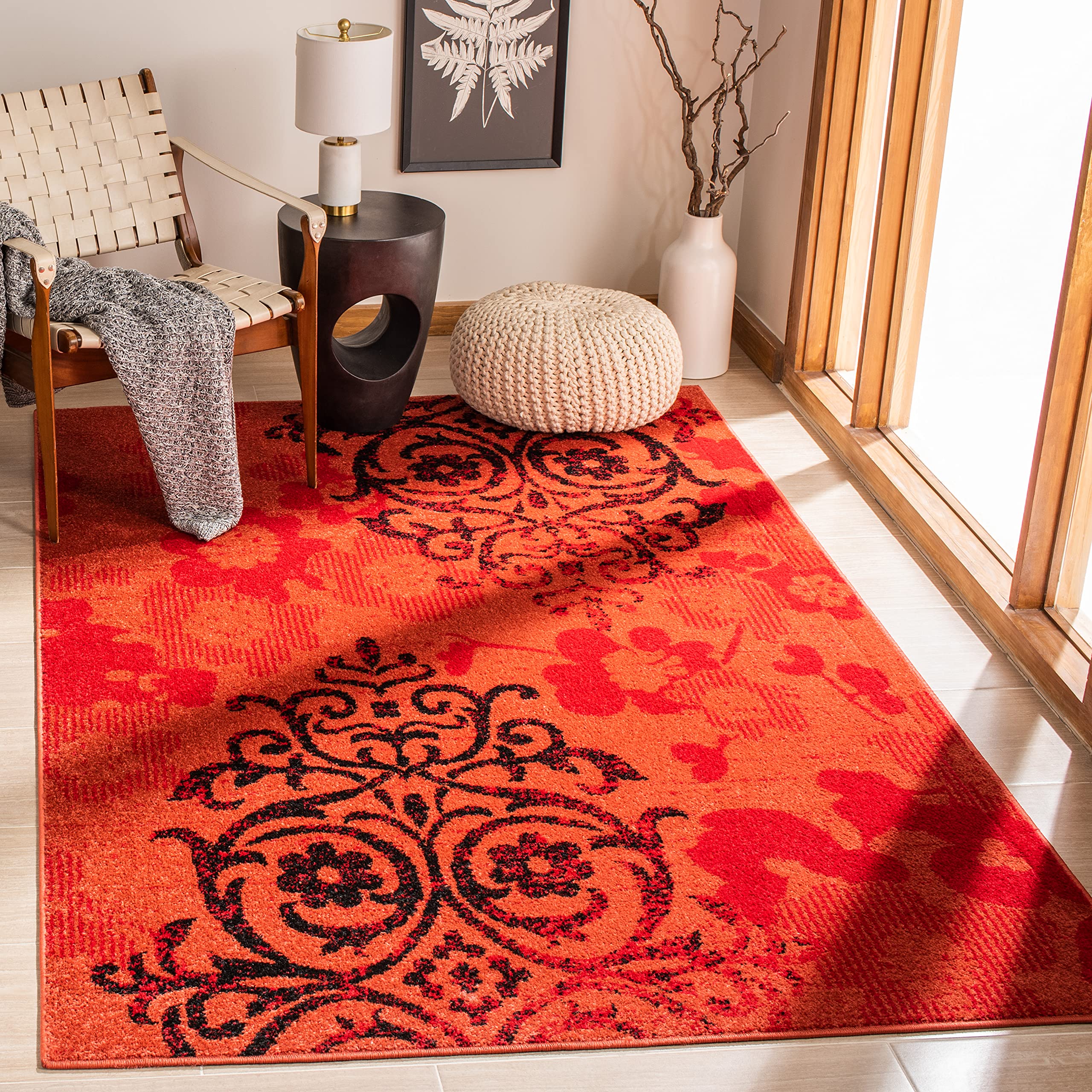 SAFAVIEH Adirondack Collection 67 Square Red / Black ADR114P Floral Glam Damask Distressed Non-Shedding Living Room Bedroom Are