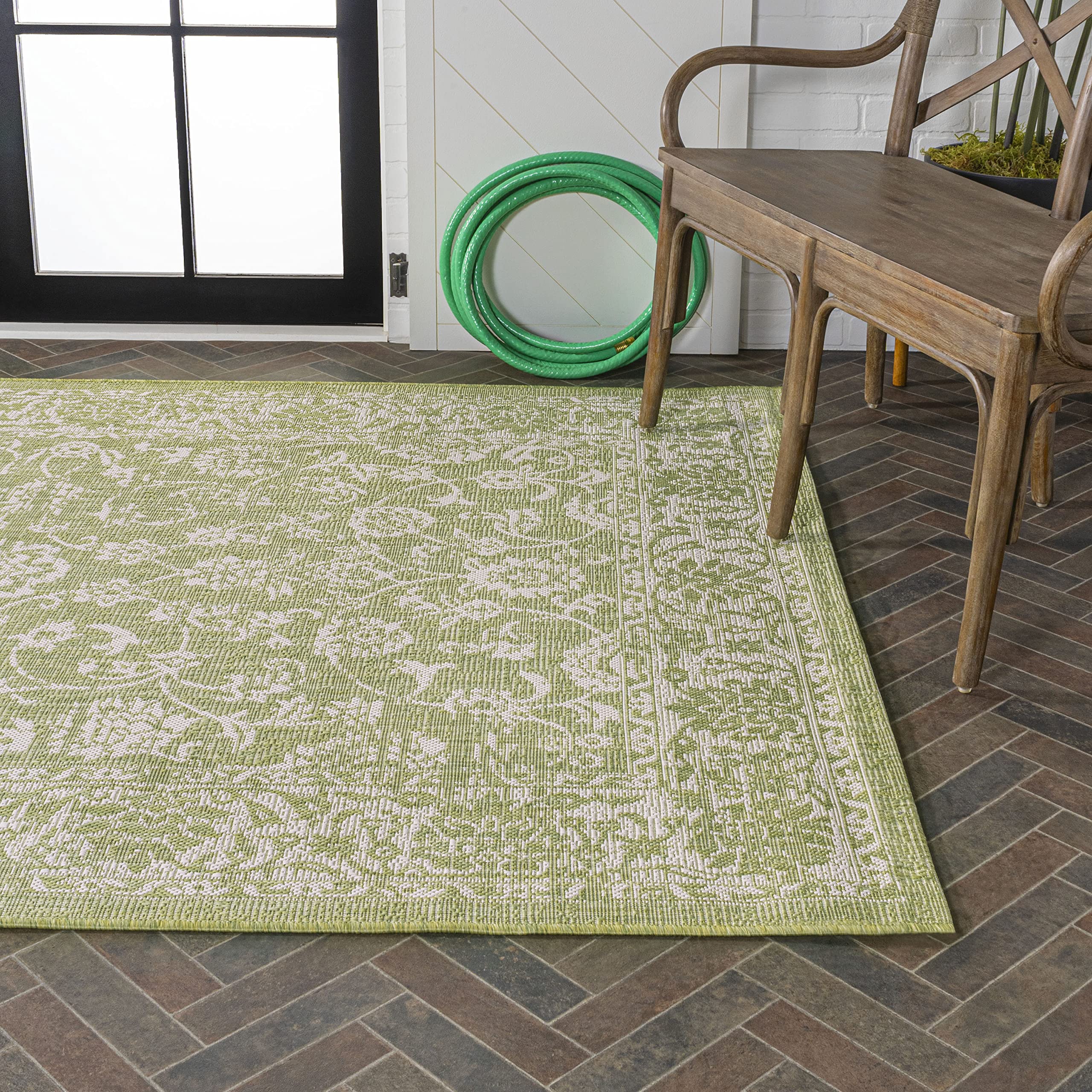 Jonathan Y Smb100D-5 Tela Bohemian Textured Weave Floral Indoor Outdoor Area-Rug, Coastal Traditional Transitional Easy-Cleaning,Bedroom,Kitchen,Backyard,Patio,Non Shedding 5 X 8, Green/Cream