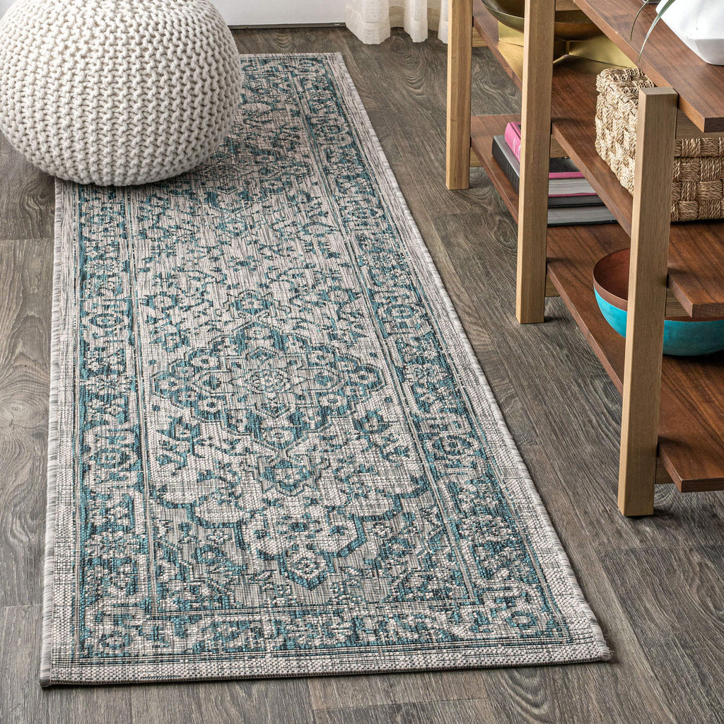 Jonathan Y Smb102C-28 Rozetta Boho Medallion Textured Weave Indoor Outdoor -Area Rug Coastal Bohemian Rustic Glam Easy-Cleaning Bedroom Kitchen Backyard Patio Non Shedding, 2 X 8, Gray/Teal