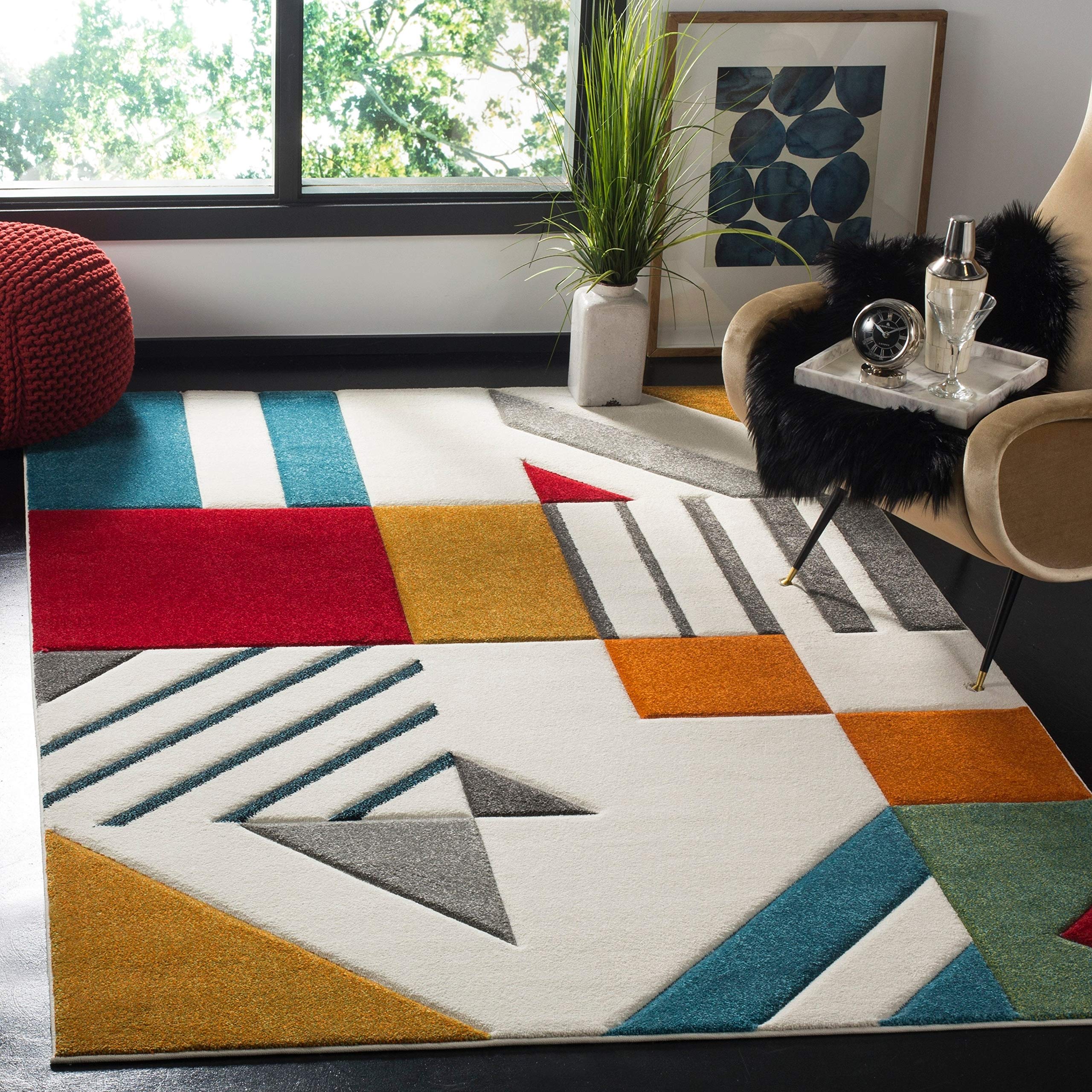 SAFAVIEH Hollywood Collection Area Rug - 9 x 12, Ivory & Peacock Blue, Mid-Century Modern Design, Non-Shedding & Easy Care, Id