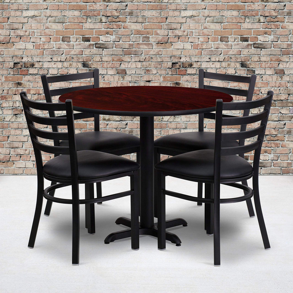 Flash Furniture Carlton 36'' Round Mahogany Laminate Table Set with X-Base and 4 Ladder Back Metal Chairs - Black Vinyl Seat