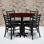 Flash Furniture Carlton 36'' Round Mahogany Laminate Table Set with X-Base and 4 Ladder Back Metal Chairs - Black Vinyl Seat