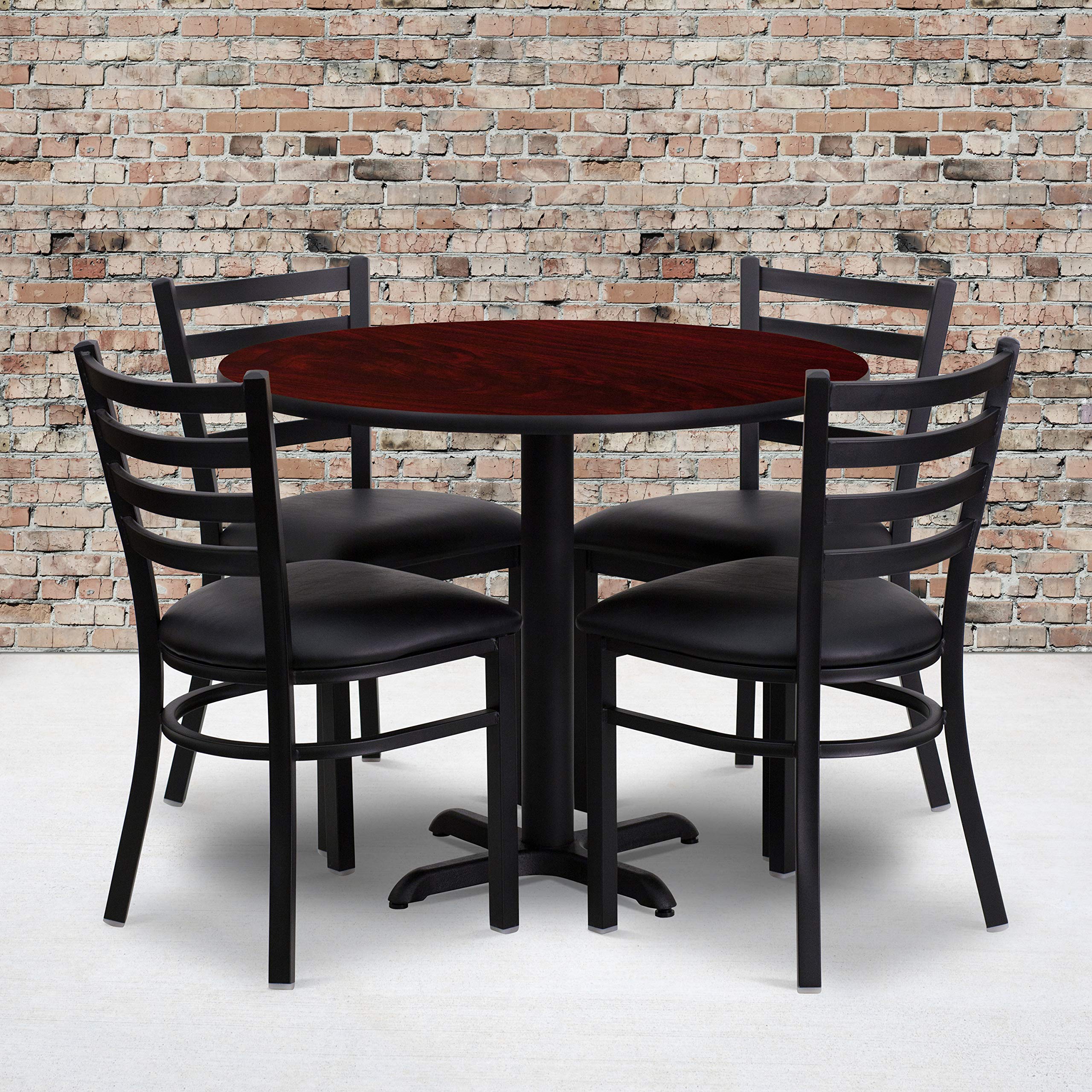Flash Furniture Carlton 36'' Round Mahogany Laminate Table Set with X-Base and 4 Ladder Back Metal Chairs - Black Vinyl Seat